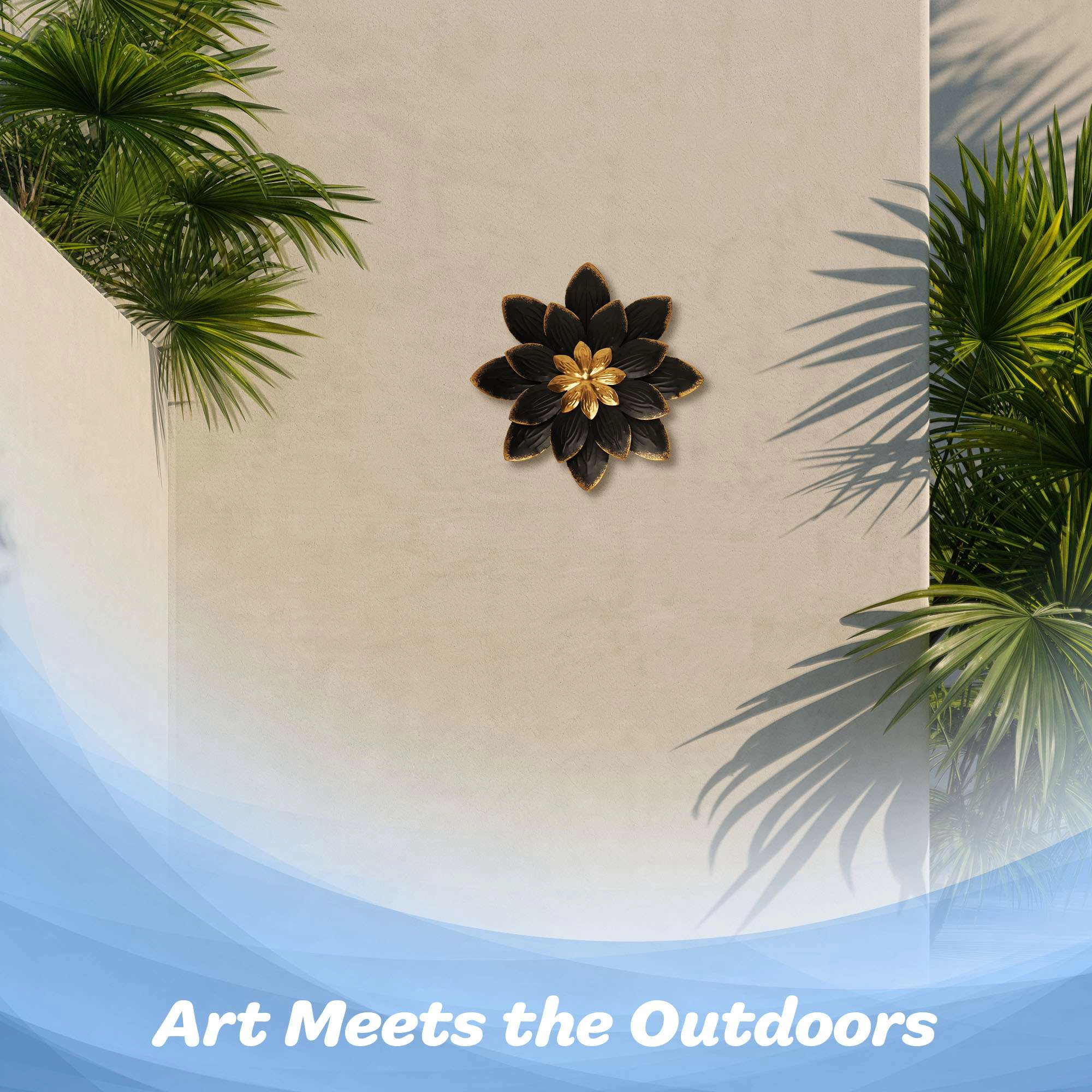 G128 9 in Black and Gold Flower Metal Wall Art - Rustic Floral Wall Hanging for Indoor and Covered Outdoor Spaces