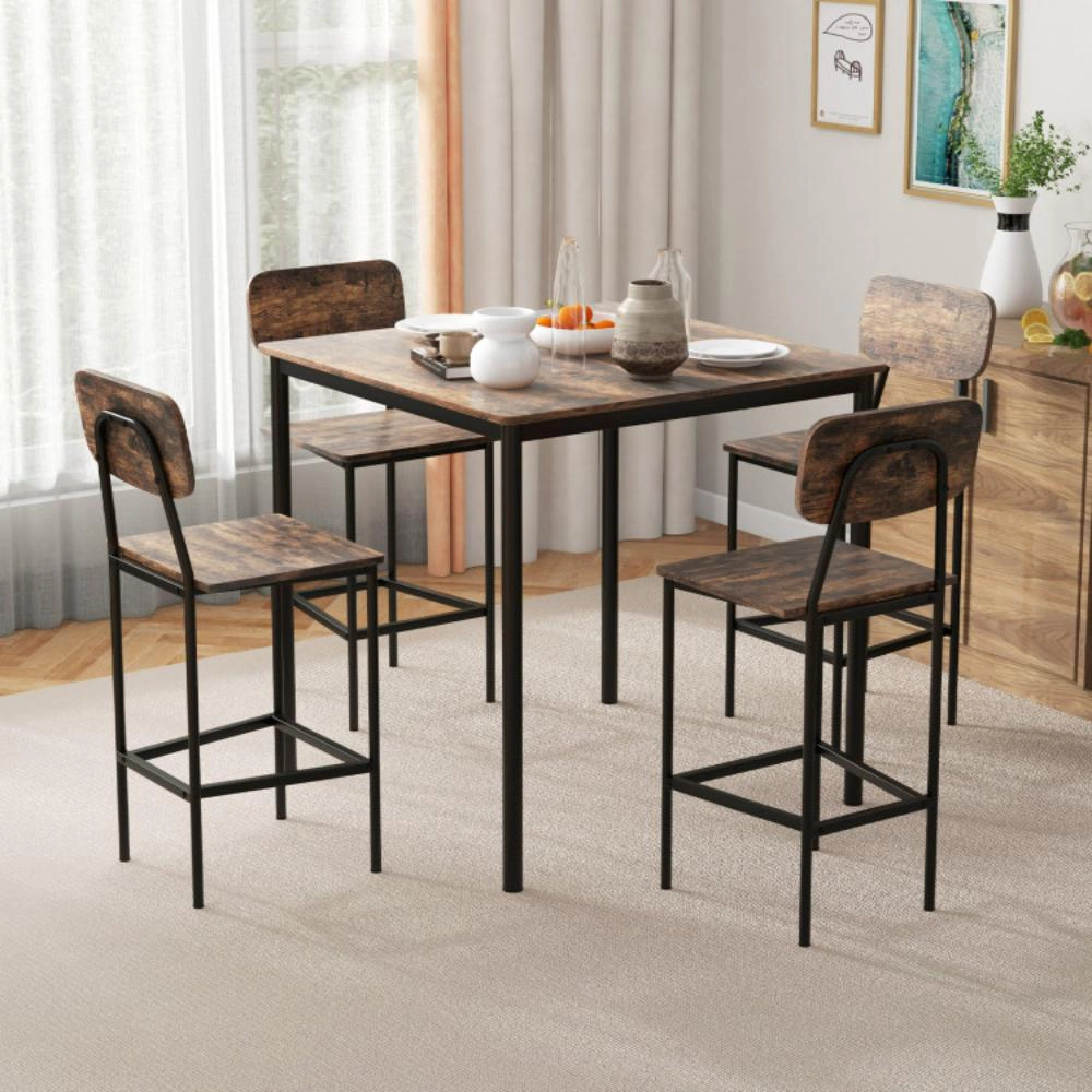 Hivvago 5 Pieces Industrial Dining Table Set With Counter Height And 4 Bar Stools