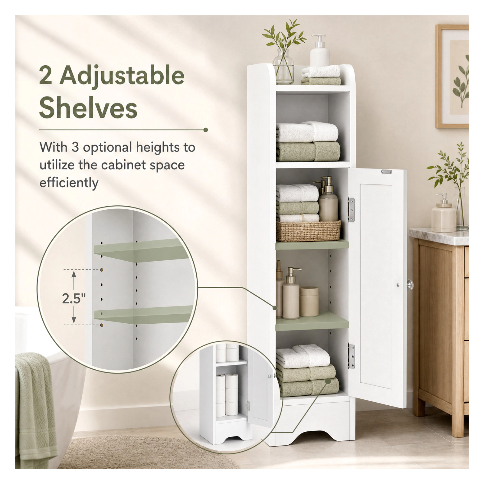 Glintex 7-Inch Slim Corner Cabinet with Raised Edge Top and 2 Adjustable Shelves, White