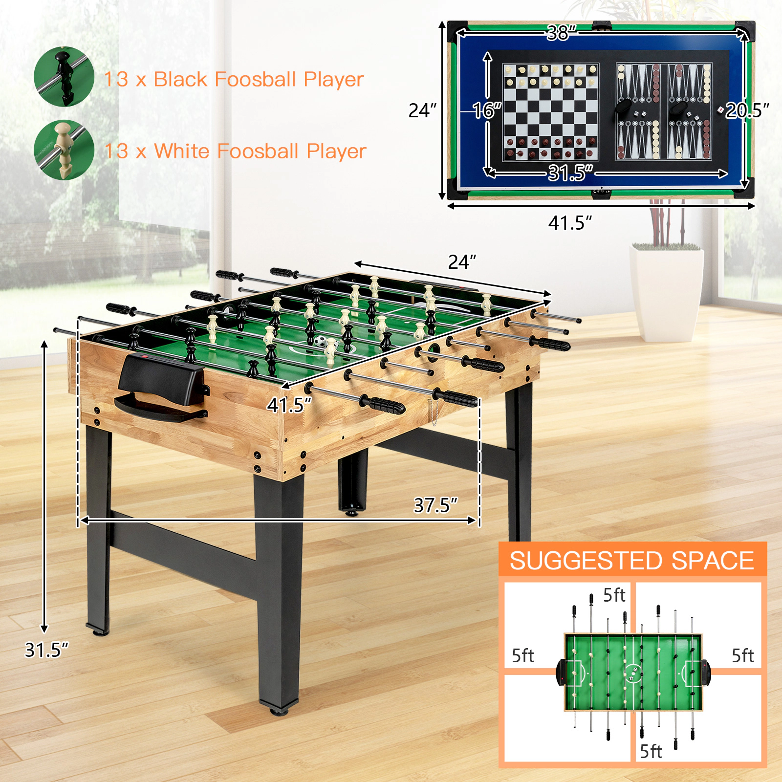 SUGIFT Natural 10-in-1 Multi Combo Game Table with Foosball Bowling and Hockey Tops 41.5-in W 24-in D 31.5-in H