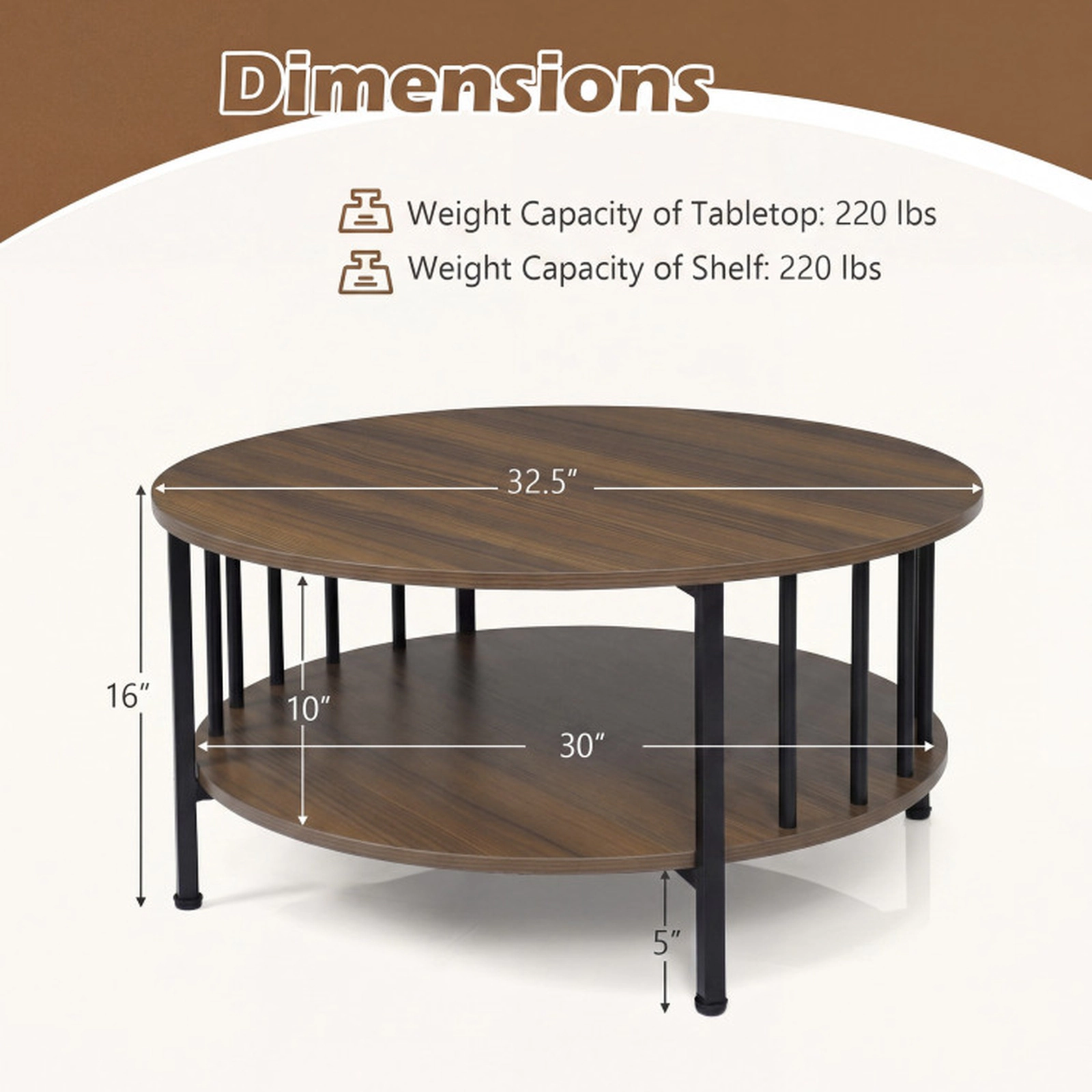 SUGIFT 2-Tier Round Coffee Table with Storage Shelf and Metal Accents 220-lb Capacity Black/Walnut