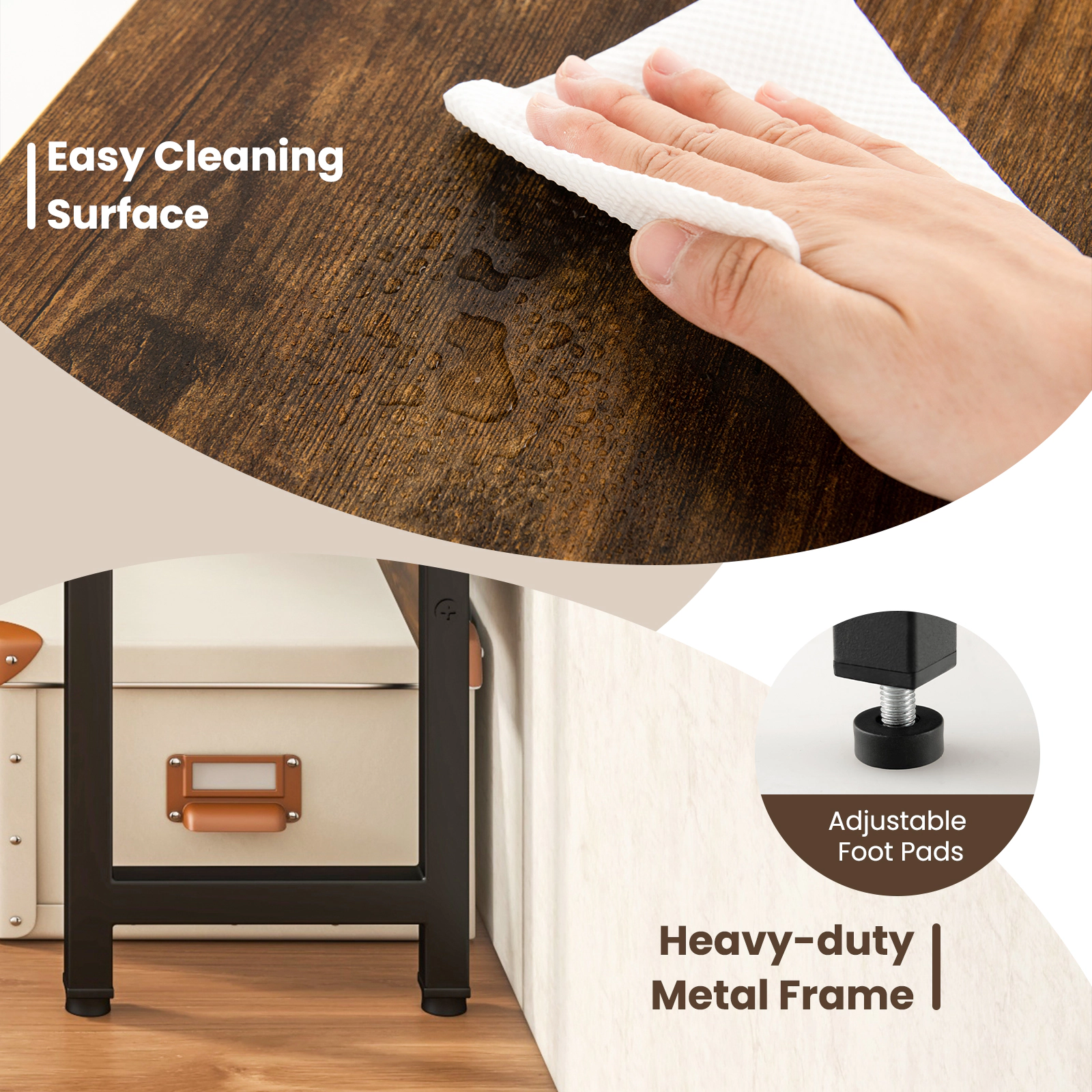 SUGIFT Rustic Brown Charging Station Keyboard Tray and Storage Shelf Triangle Corner Desk