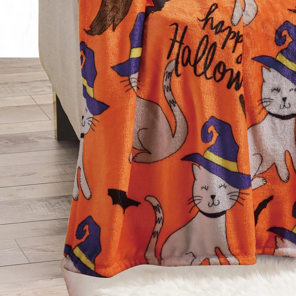 Plazatex Halloween Cats plush Decorative Halloween Machine Washable Throw 50" X 60" Orange