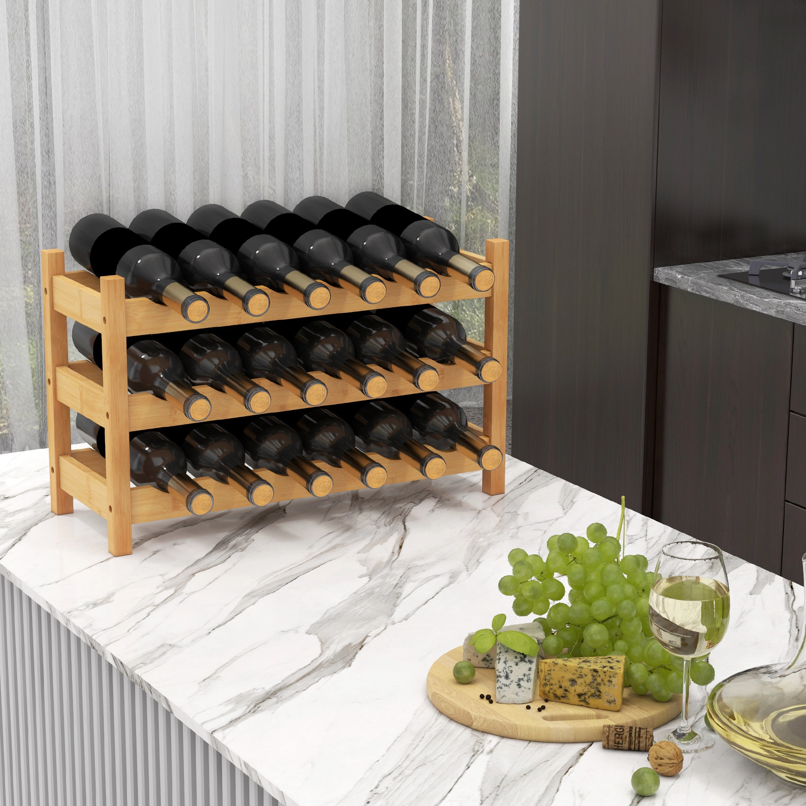 SUGIFT 3-Tier Bamboo Wine Rack Natural Freestanding Countertop Bottle Organizer