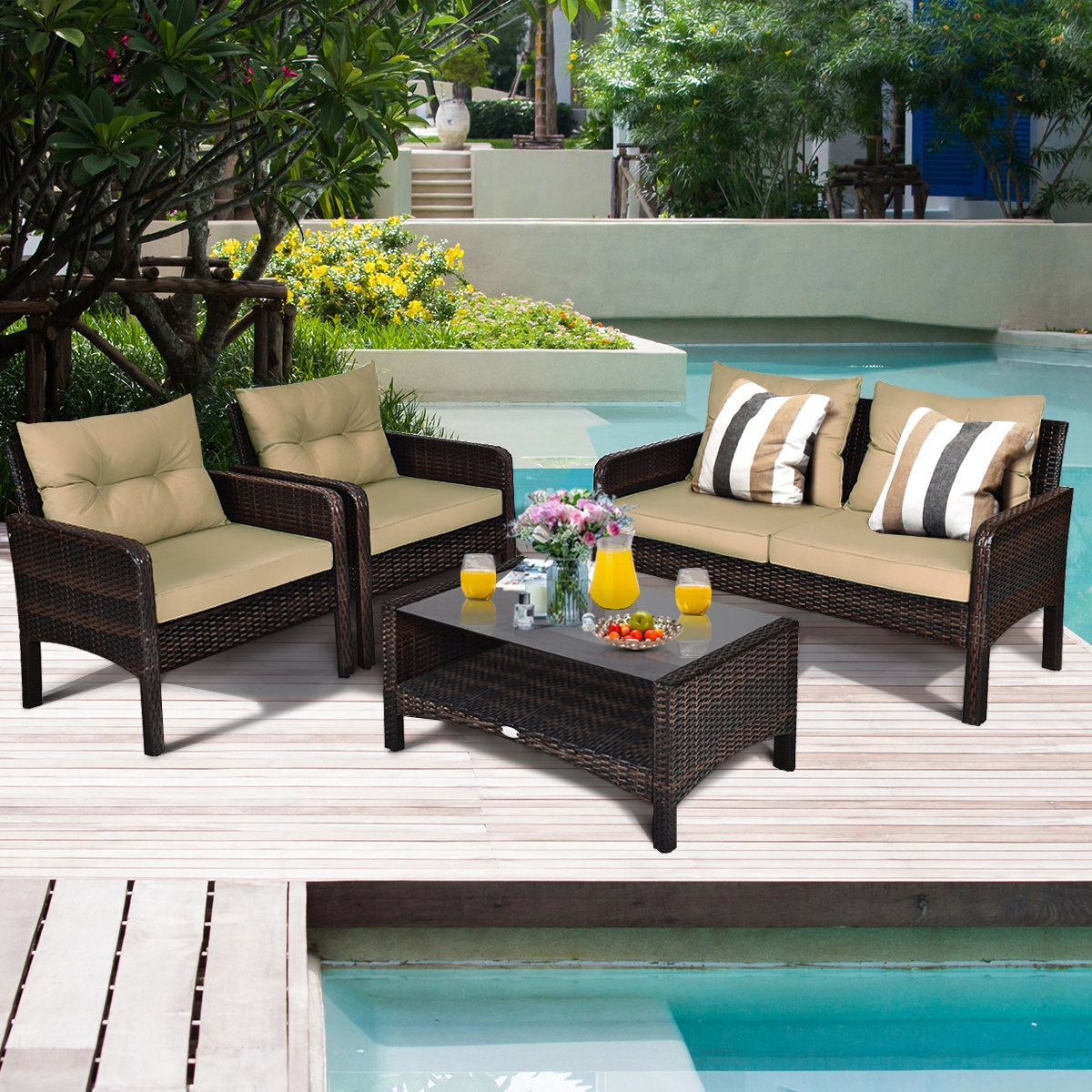 LJG 4 Pieces Outdoor Rattan Wicker Loveseat Furniture Set with Cushions