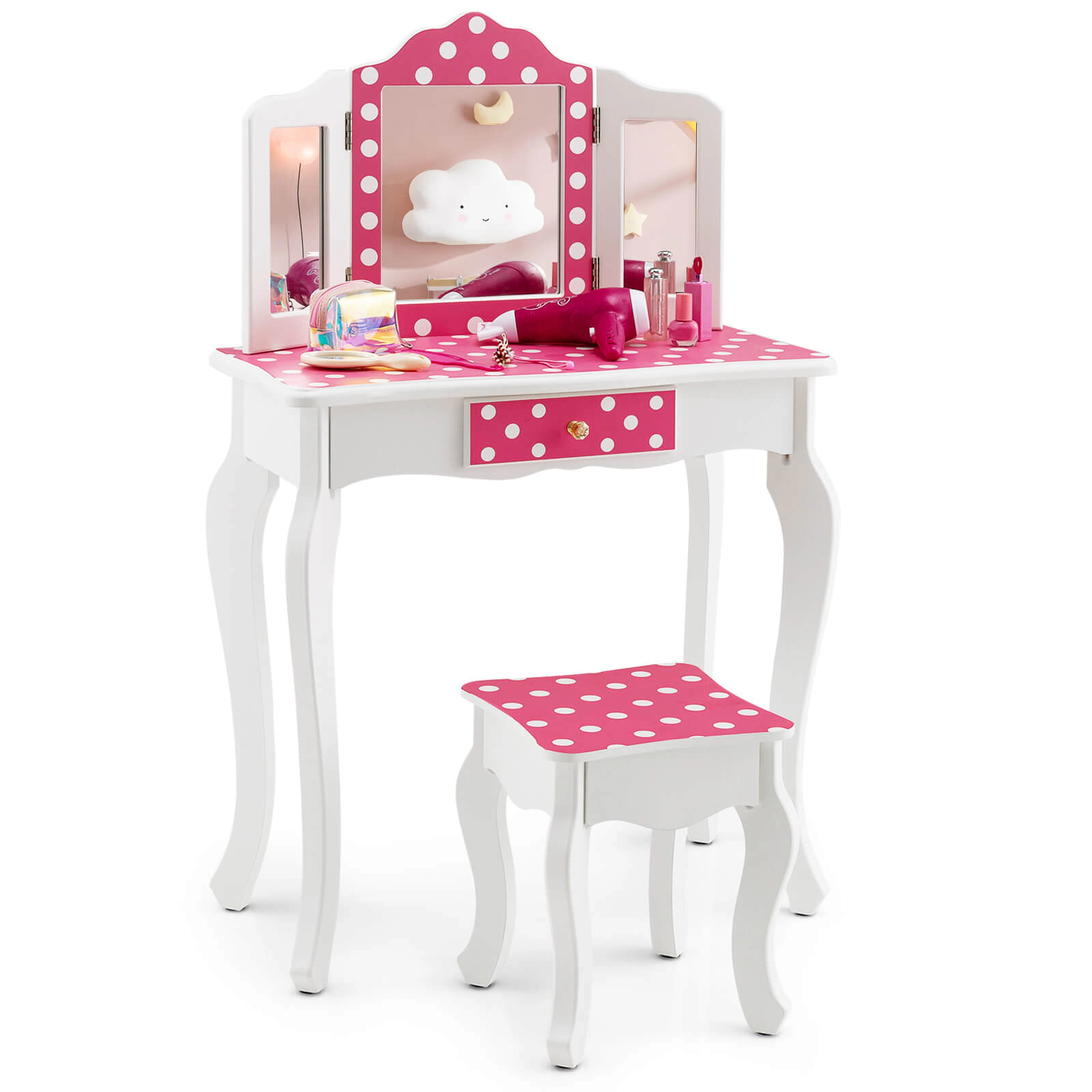 SUGIFT Pink Tri-Folding Mirror and Polka Dot Print Kids Vanity Table and Stool Set
