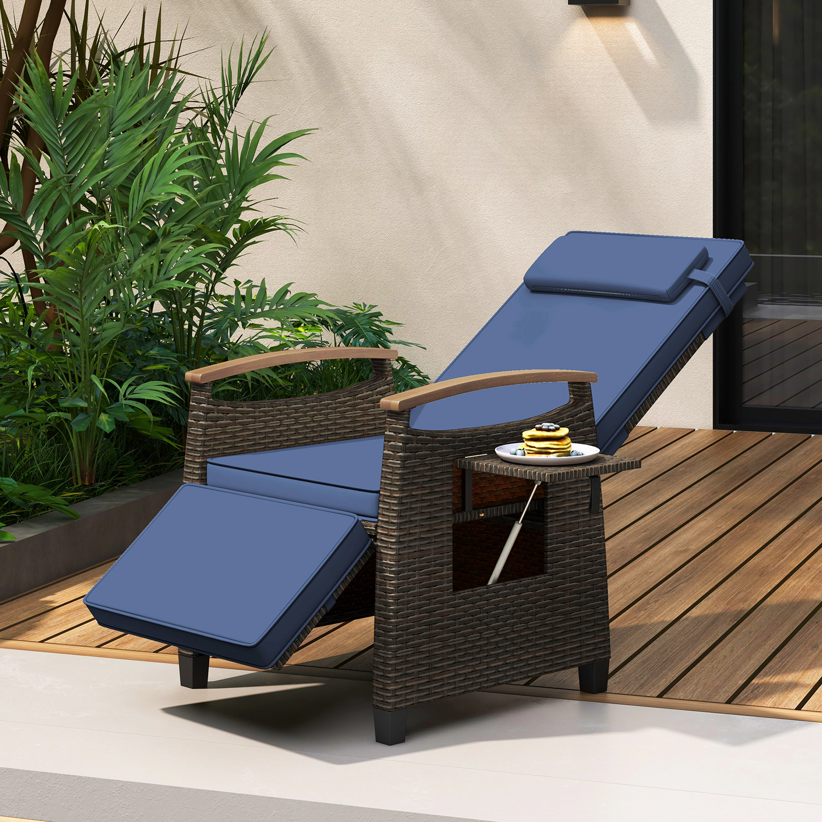 SUGIFT Side Table Navy Patio Wicker Recliner Chair 150-Degree Adjustable Backrest and Footrest