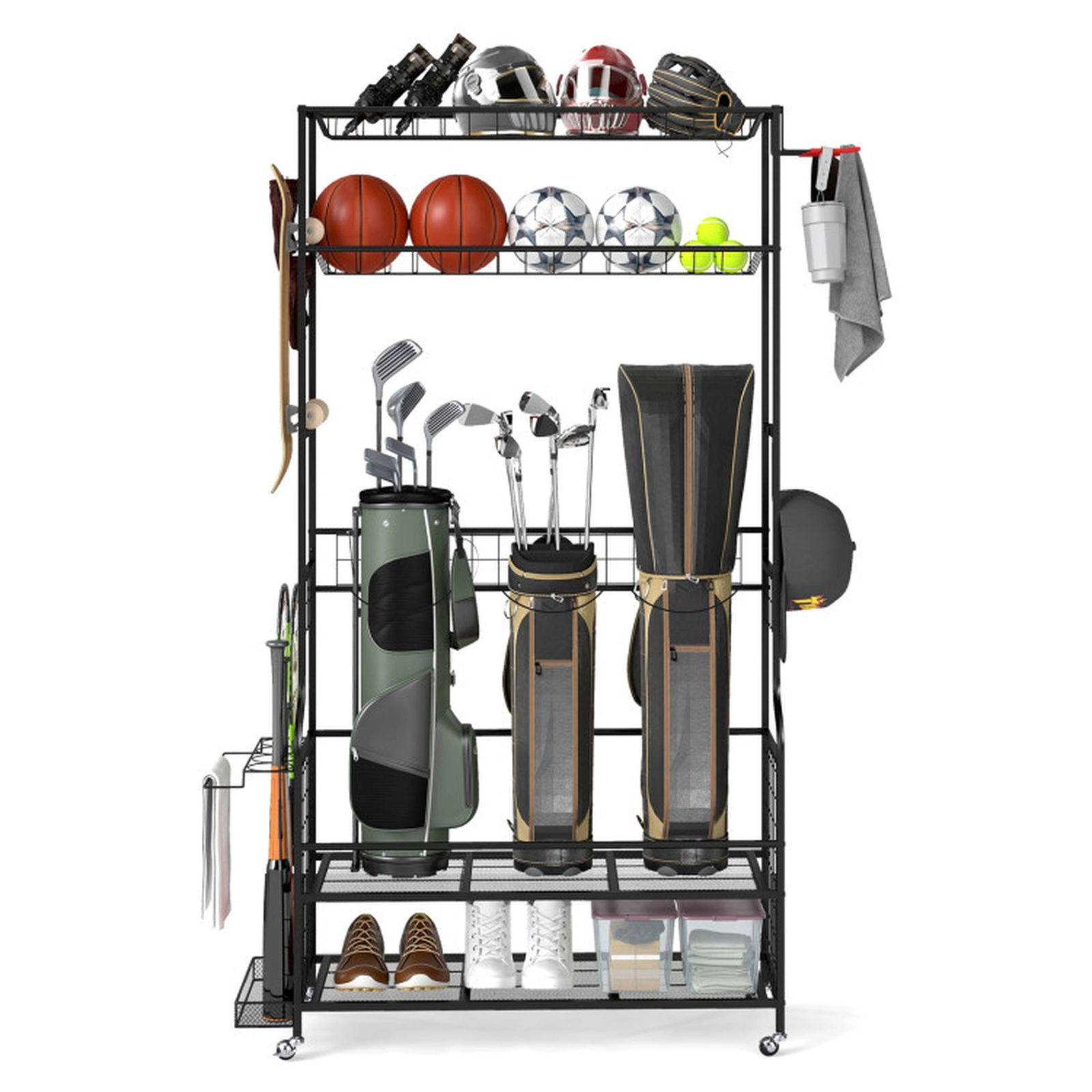 SUGIFT Black Golf Bag Storage Organizer with Club Rack and 2 Baskets 52-in W 16-in D 76-in H 44-lb Per Shelf