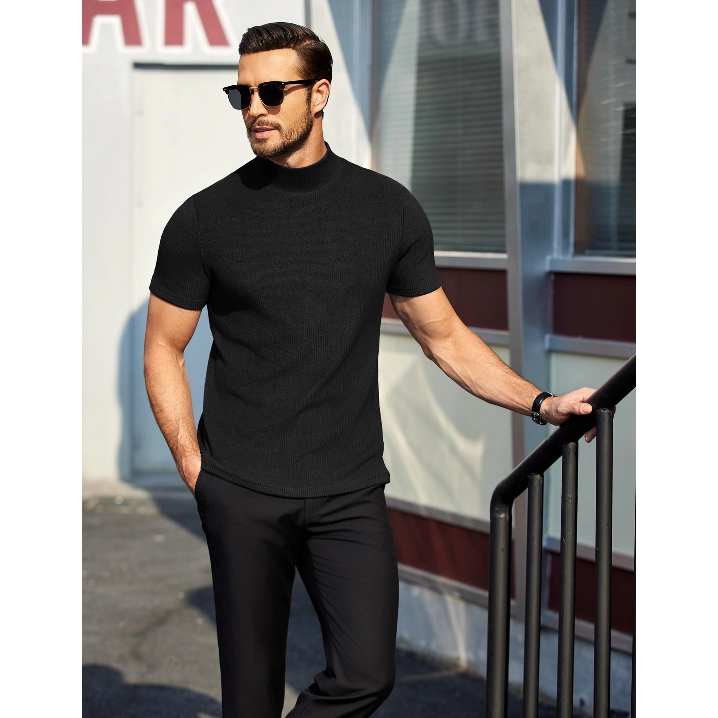 COOFANDY Men's Slim Fit Ribbed Knit Short Sleeve Mock Neck T-Shirt