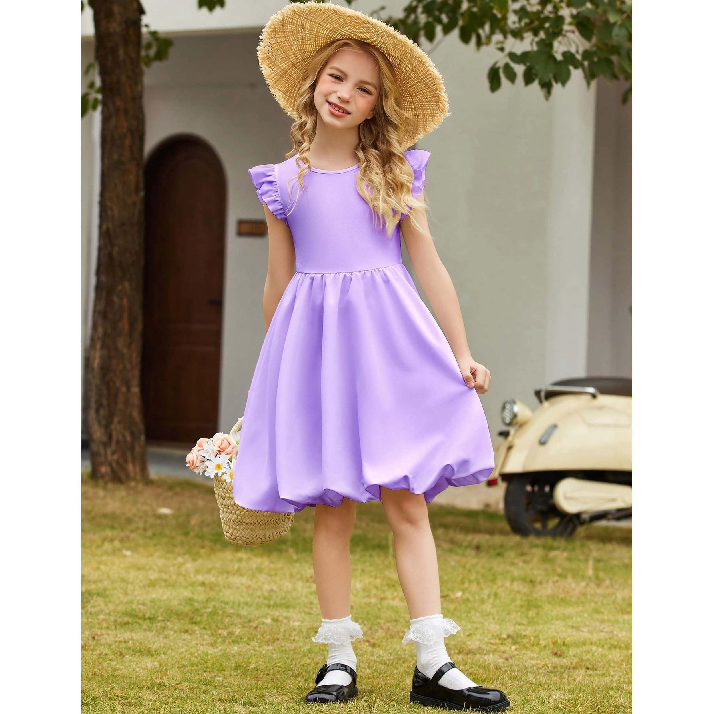 Arshiner Beach Dress For Girls Summer Easter Tween Boho Casual Ruffle Sleeve Bubble Puffy Midi