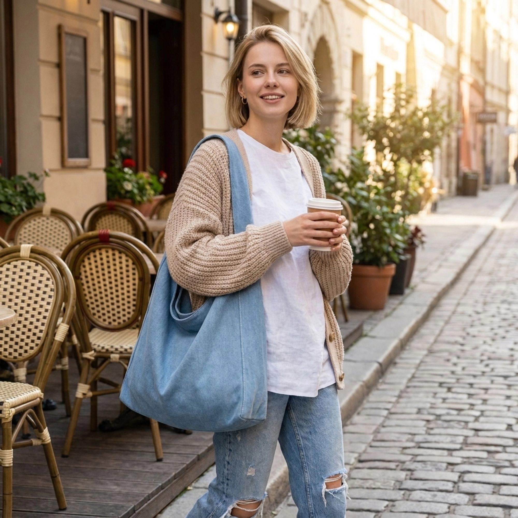Alilang Women's Denim Canvas Hobo Tote Bag Daily Large Capacity Shoulder Handbag For Women, White
