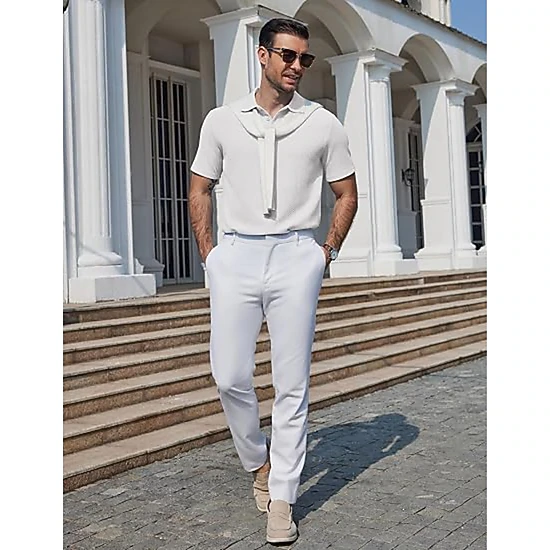 COOFANDY Mens Textured Polo Shirts Short Sleeve Button Collar Striped Casual Tops