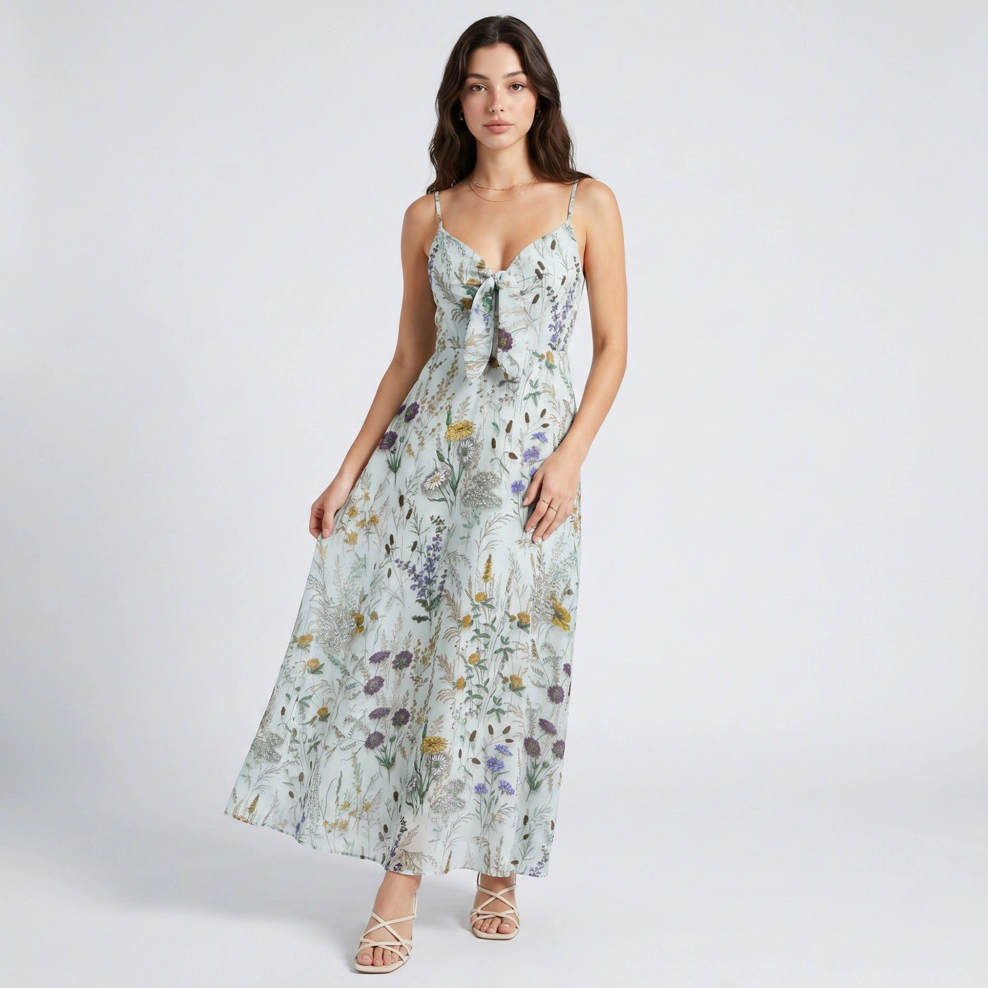 Anna-Kaci Women's Floral Print Tie Front Spaghetti Straps Maxi Dress