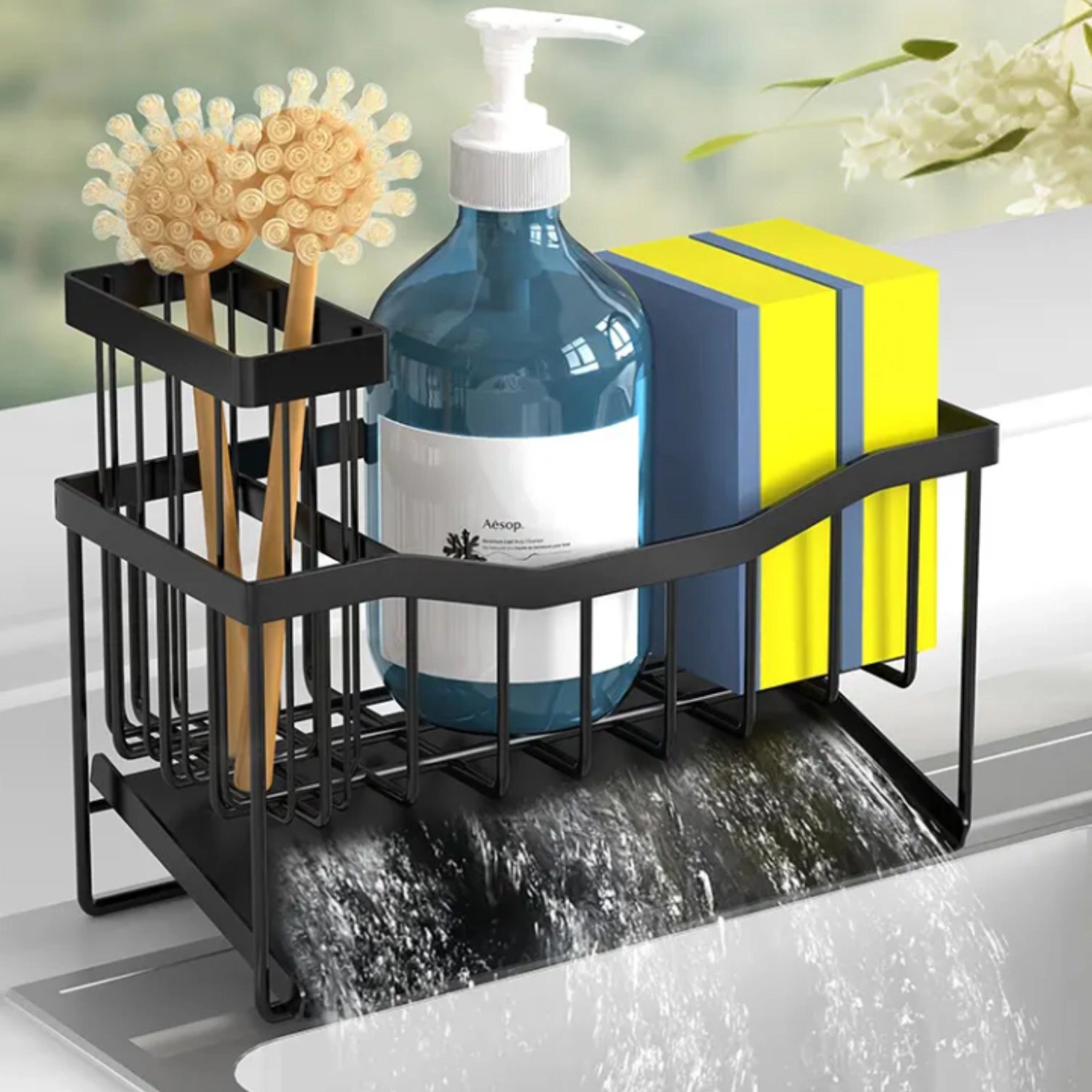 Cheer Collection Stainless Steel Sink Caddy Sponge Holder with Drain Tray