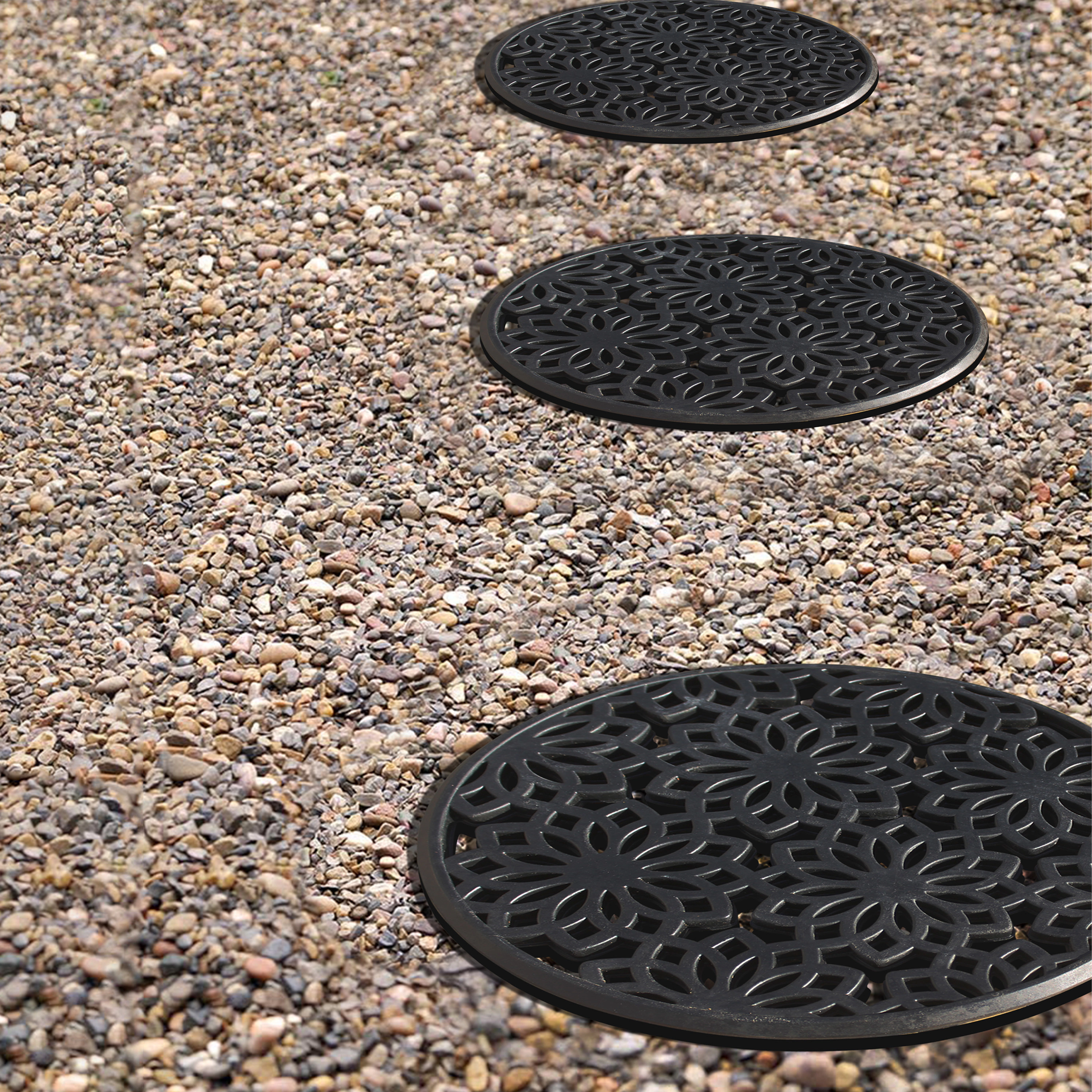 A1 Home Collections Heavy Duty Rubber Outdoor Garden Stepping Stone Mat Set of 3, Paisley Black, 14 x 14 Inches