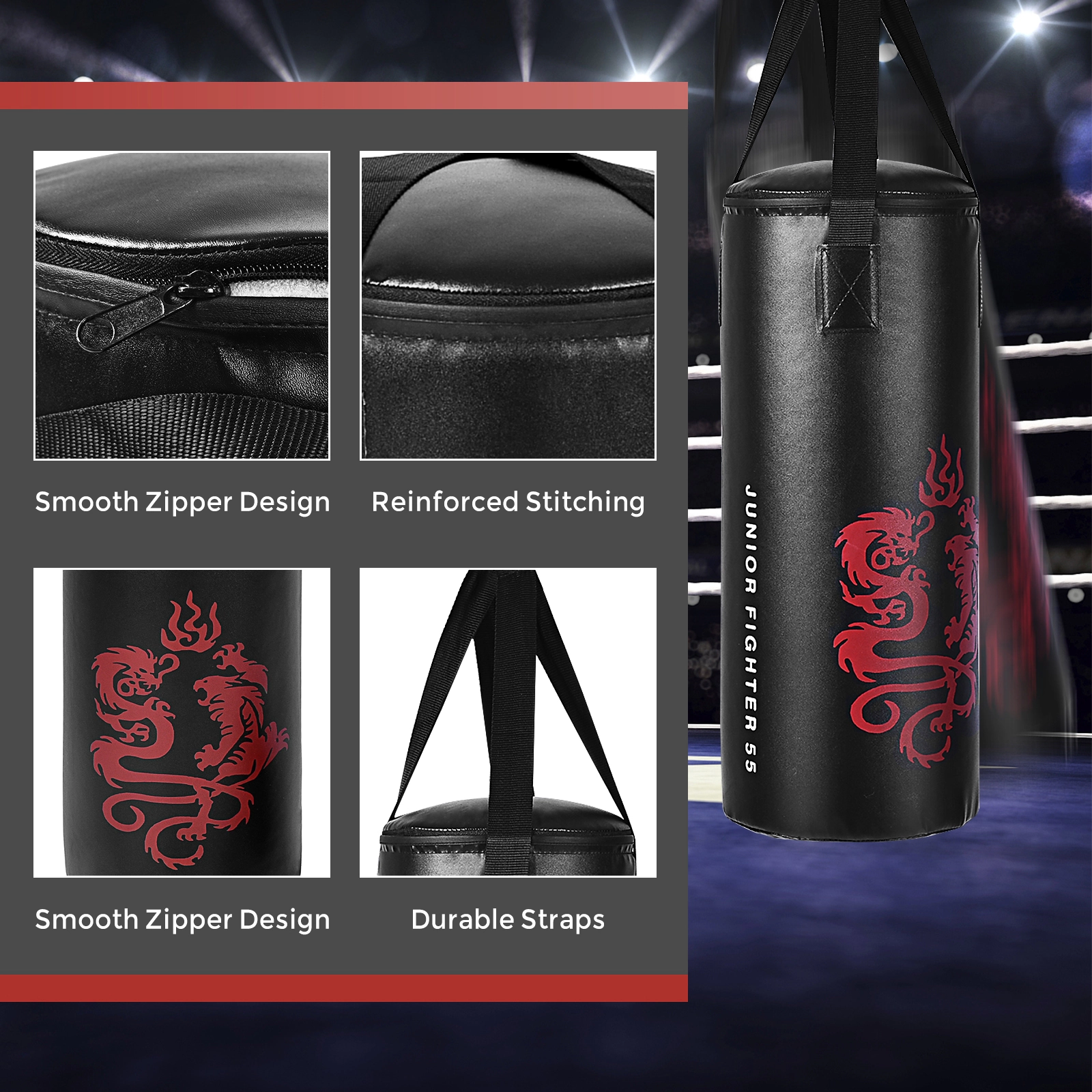 SUGIFT 5-Piece 24-in 22-lb Kids Punching Bag Boxing Set with 8-oz Gloves Skipping Rope Hook and Rucksack