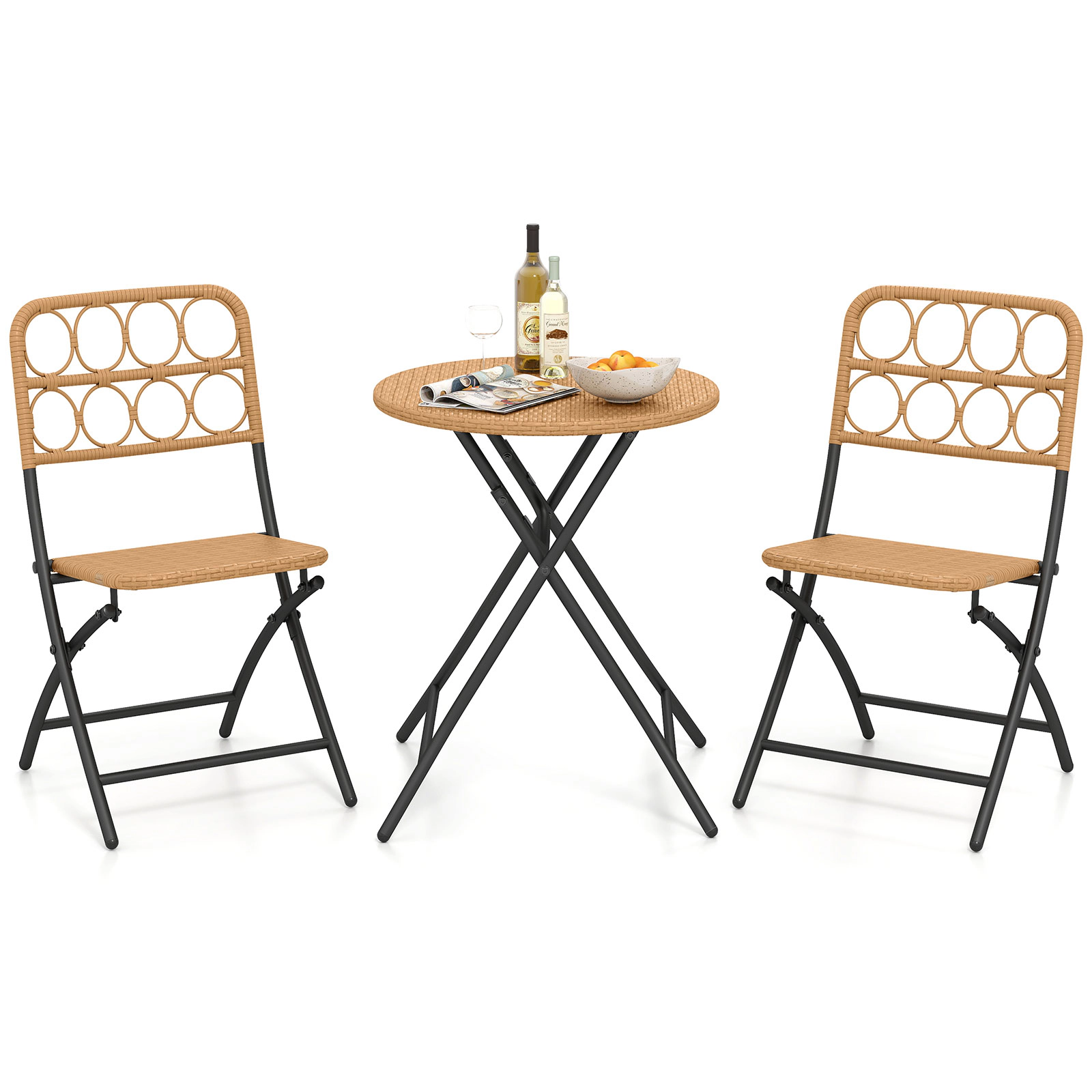 SUGIFT 3-Piece Light Brown Folding Wicker Bistro Set with 24-Inch Round Table