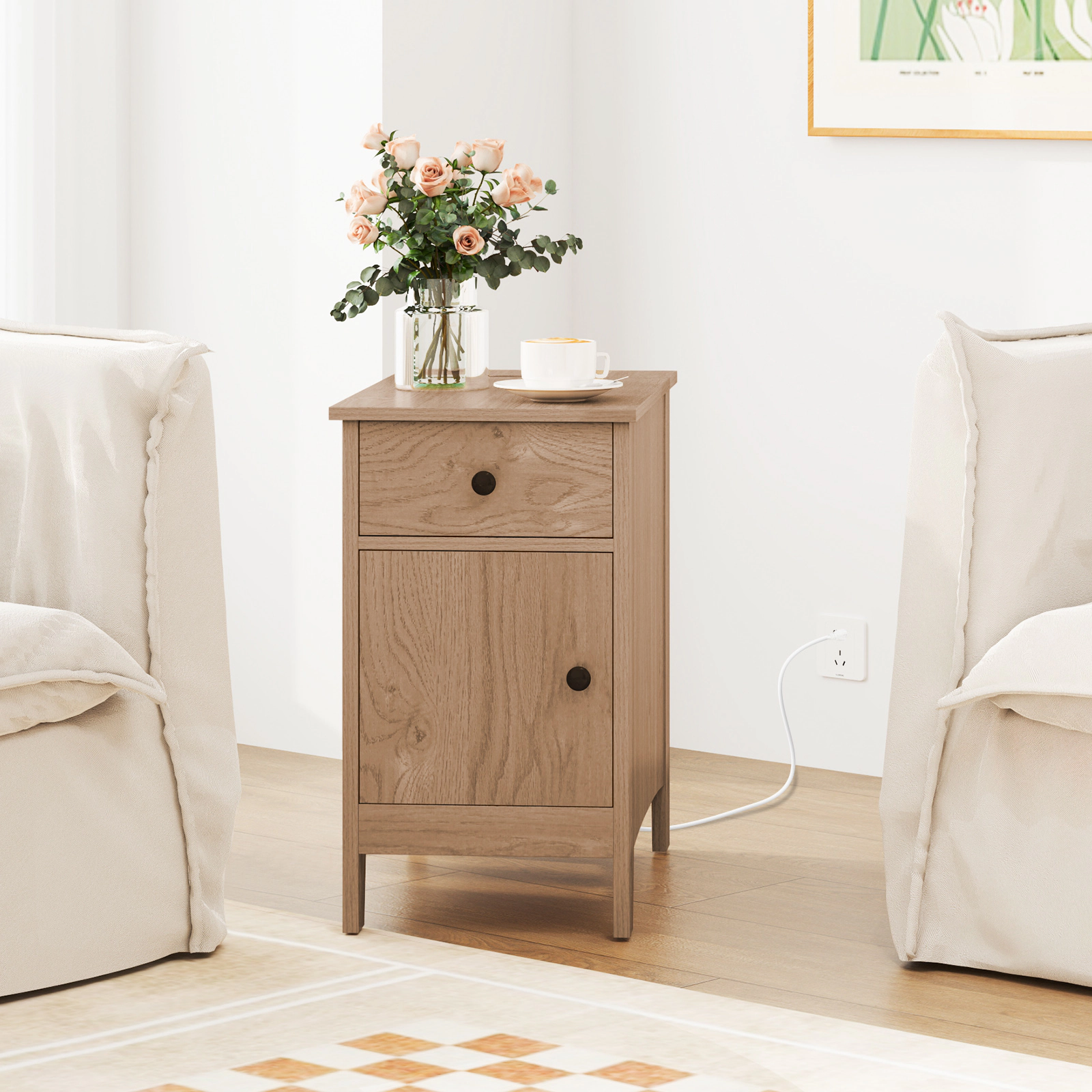 Hivvago Modern End Table with Power Outlets, USB Charging Ports, and Flip-Top Compartment