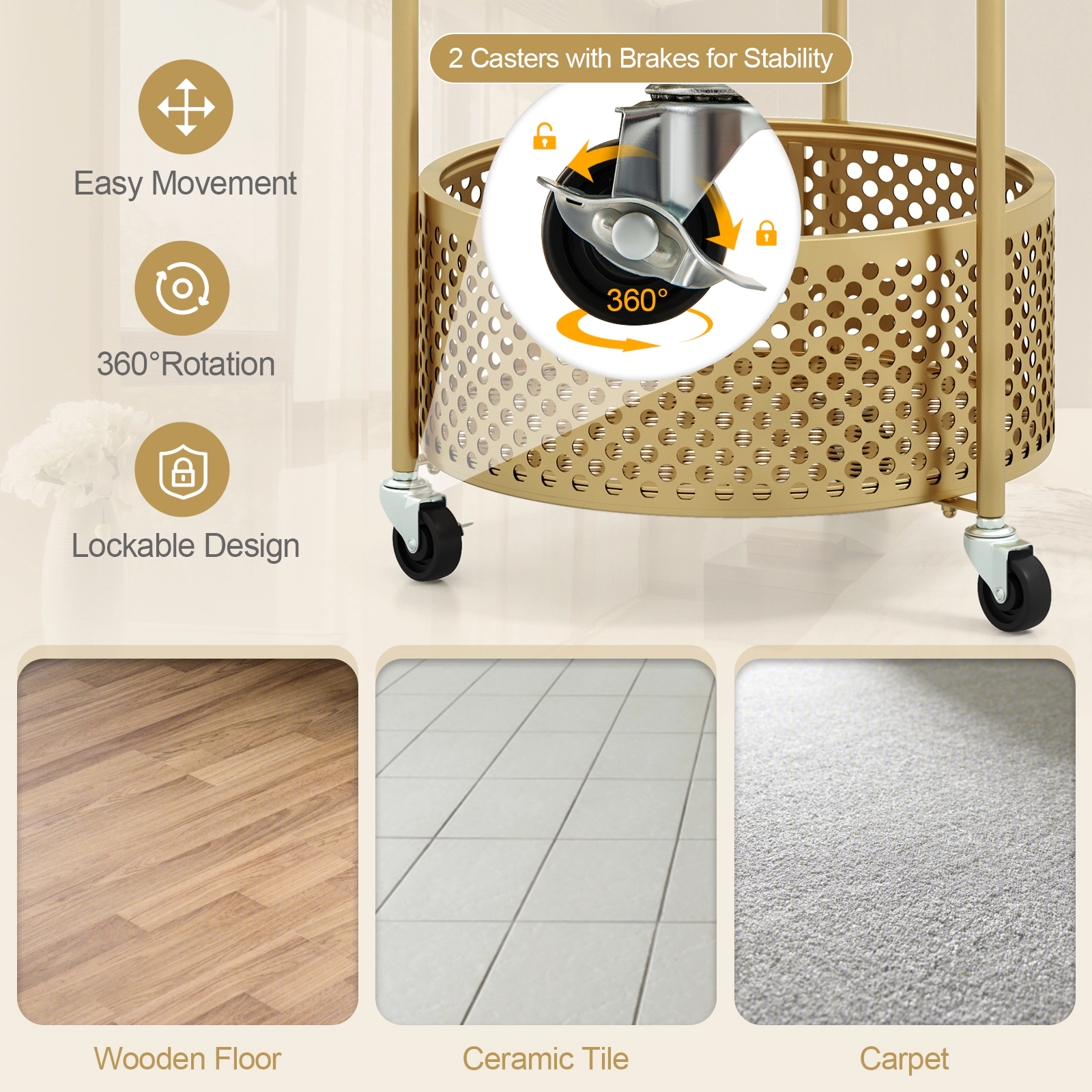 Glintex Round Tempered Glass Side Table with Bear Pattern and Lockable Wheels