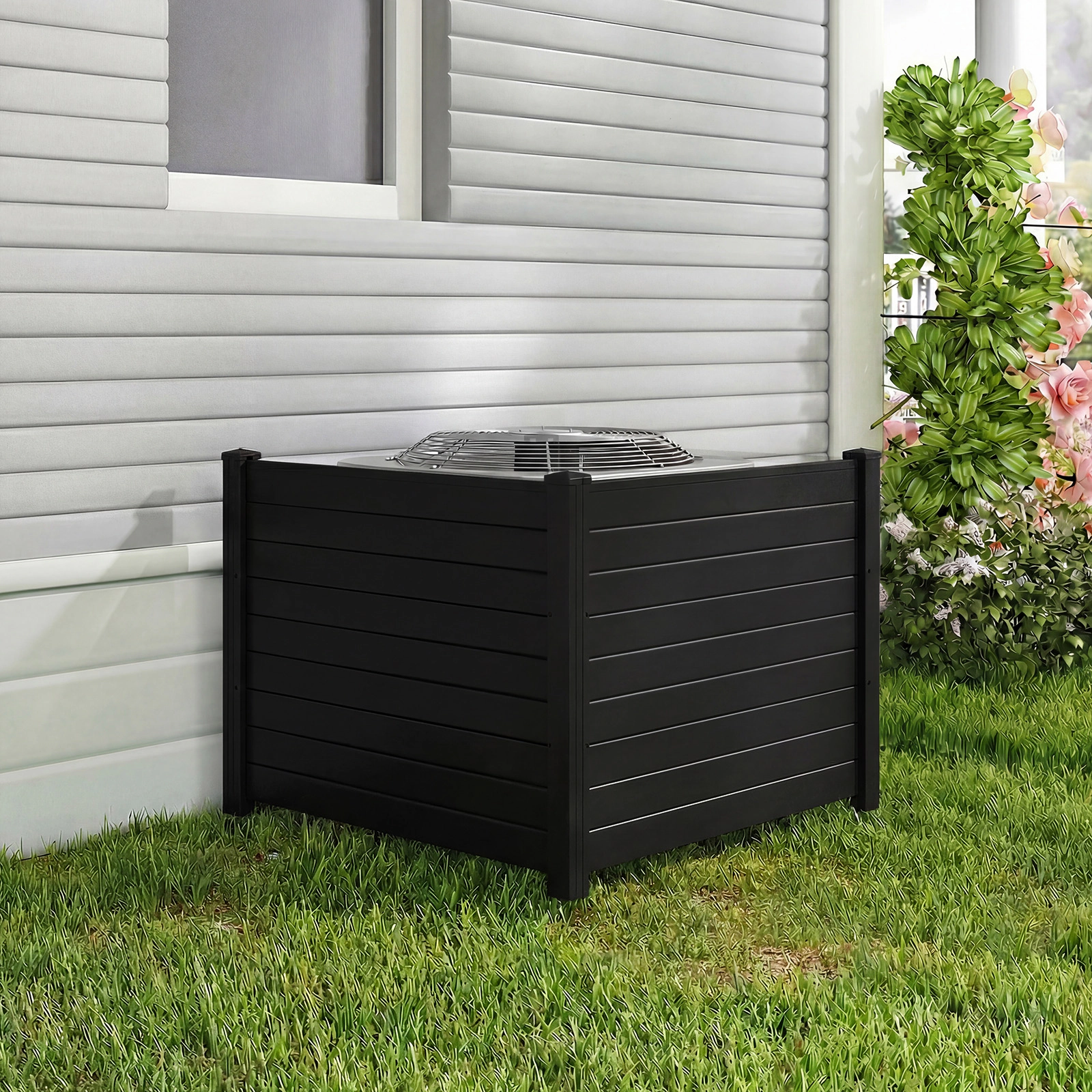 SUGIFT Black PVC Outdoor Air Conditioner Fence with 3 20-in Ground Stakes and Card-Slot Setup Panels