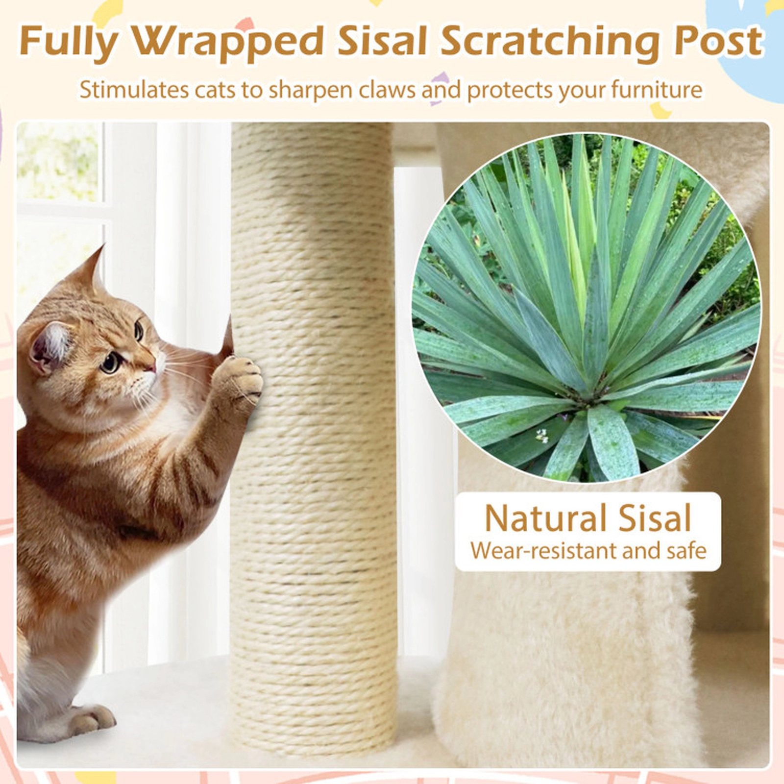 SUGIFT Multi-Level Cat Tree Tower with Large Padded Perch Dual Condos and Sisal Scratching Post 29-lb Capacity Beige