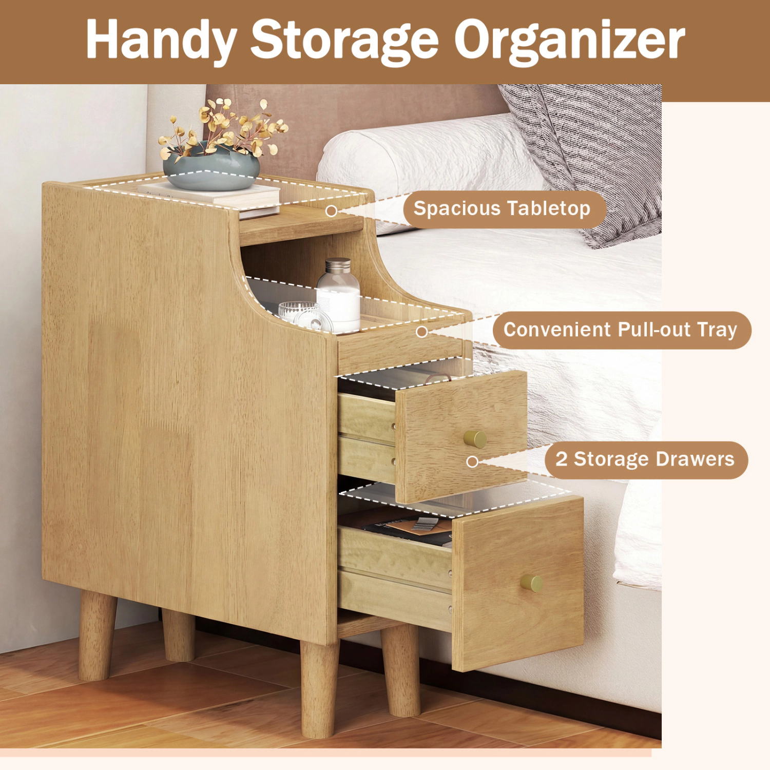 Hivvago Set Of 2 Solid Wood Night Side Table With Pull-Out Tray And Storage Drawers