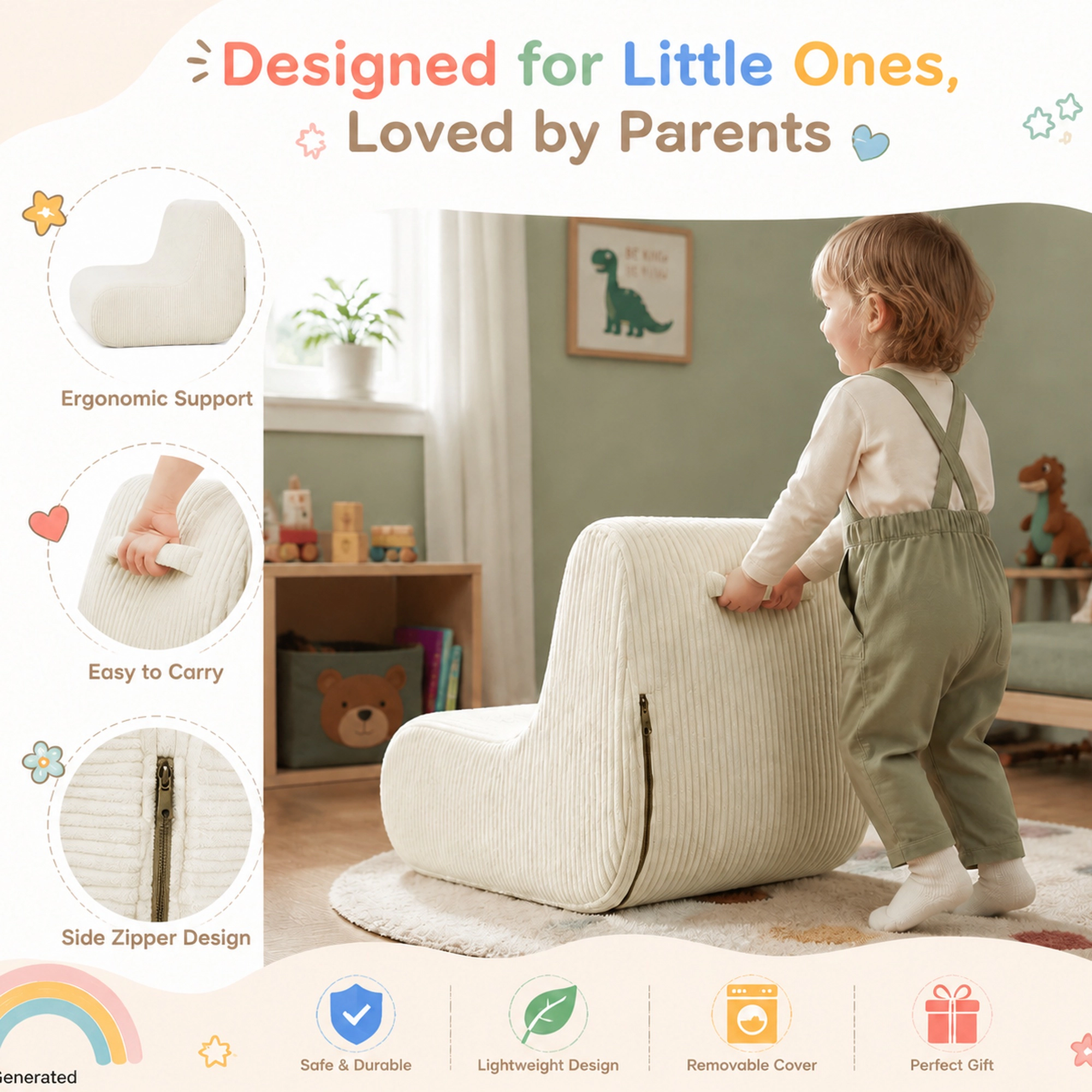 Unikome Kids Lounge Chair Foam Sofa–Soft Corduroy Toddler Armchair, Lightweight Portable Couch