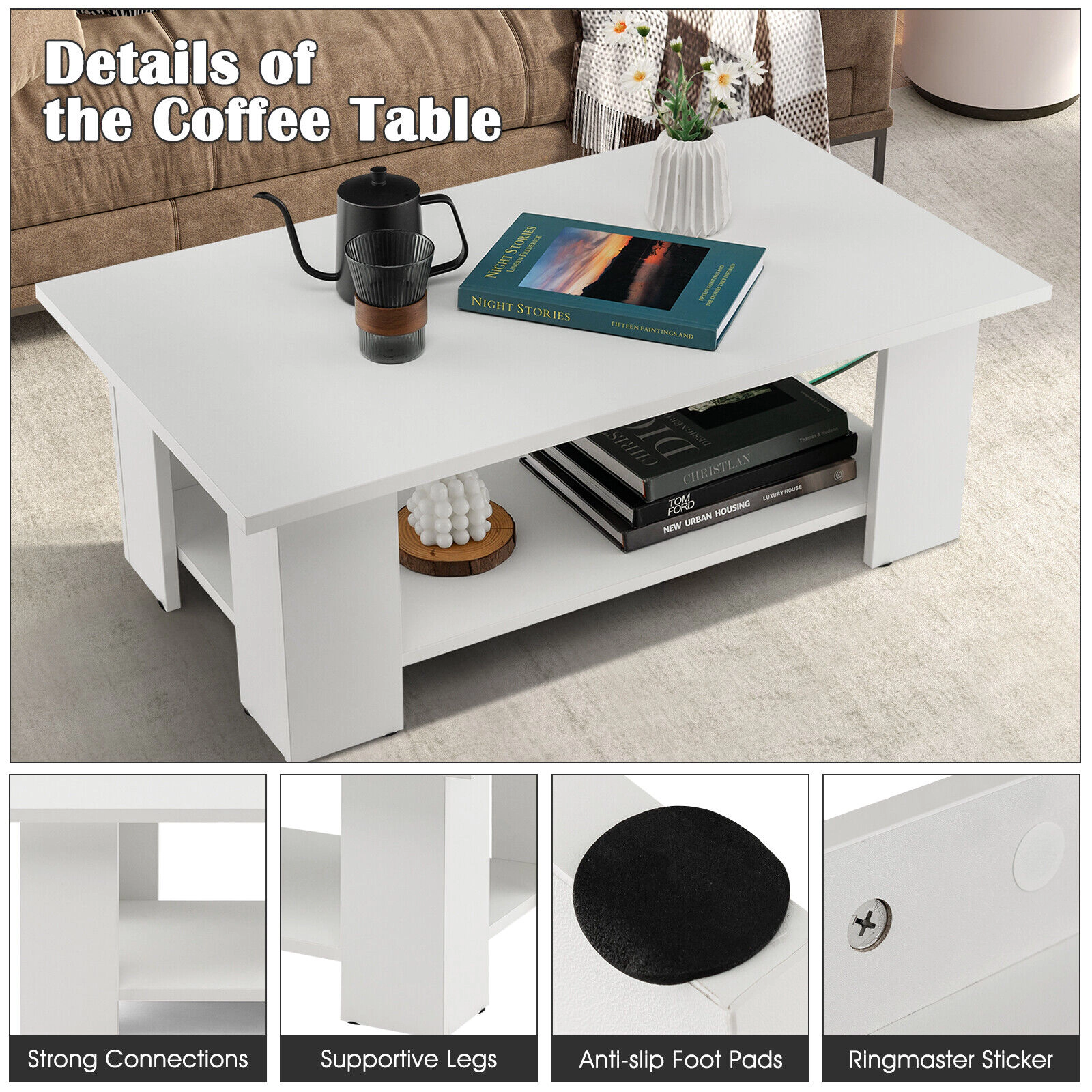 SUGIFT 2-Tier Low Profile Open Shelf Engineered Wood Coffee Table 41-in x 20.5-in x 12.5-in 210-lb Capacity White