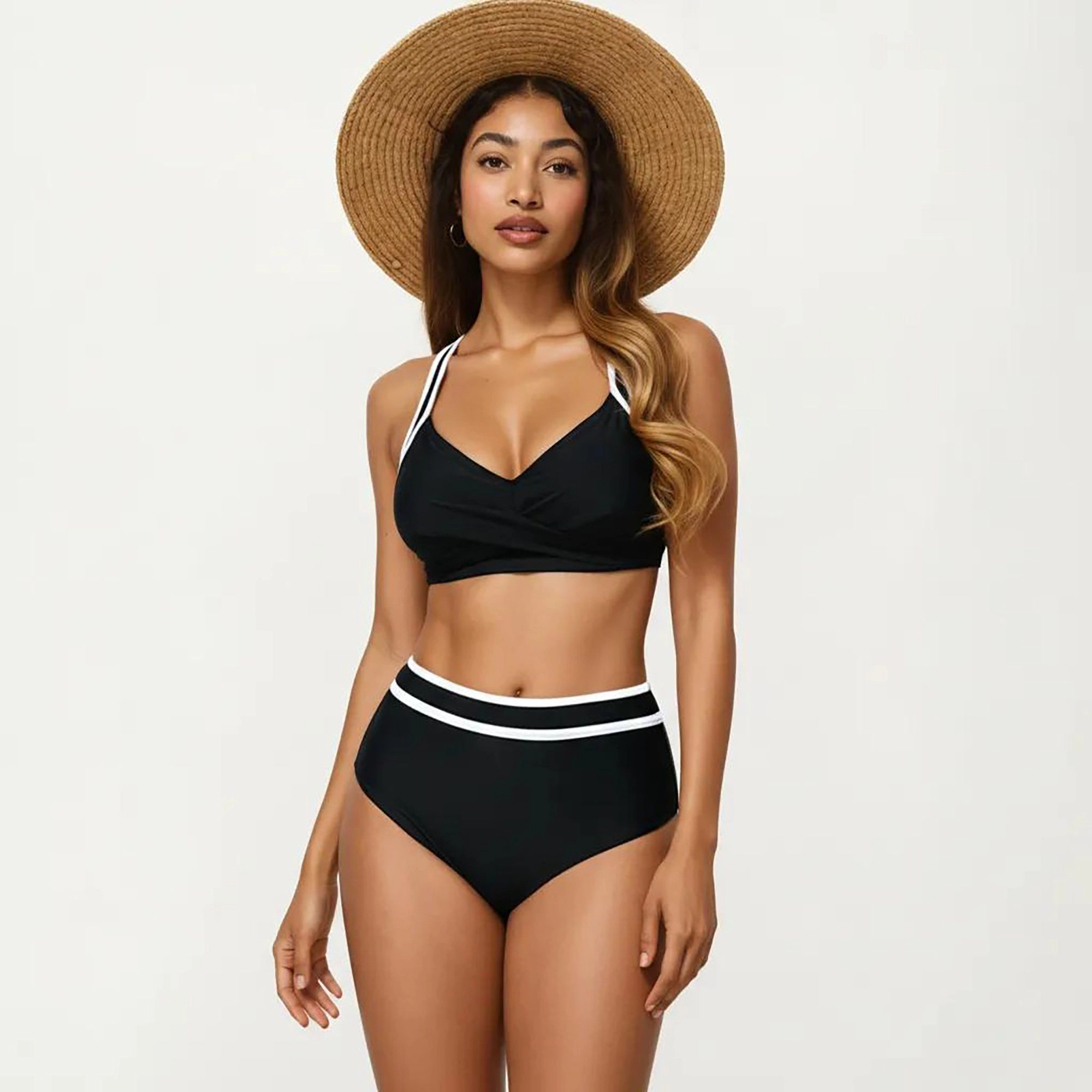Anna-Kaci Women’s Sporty V-Neck Bikini Set with High-Waist Tummy Control Bottoms