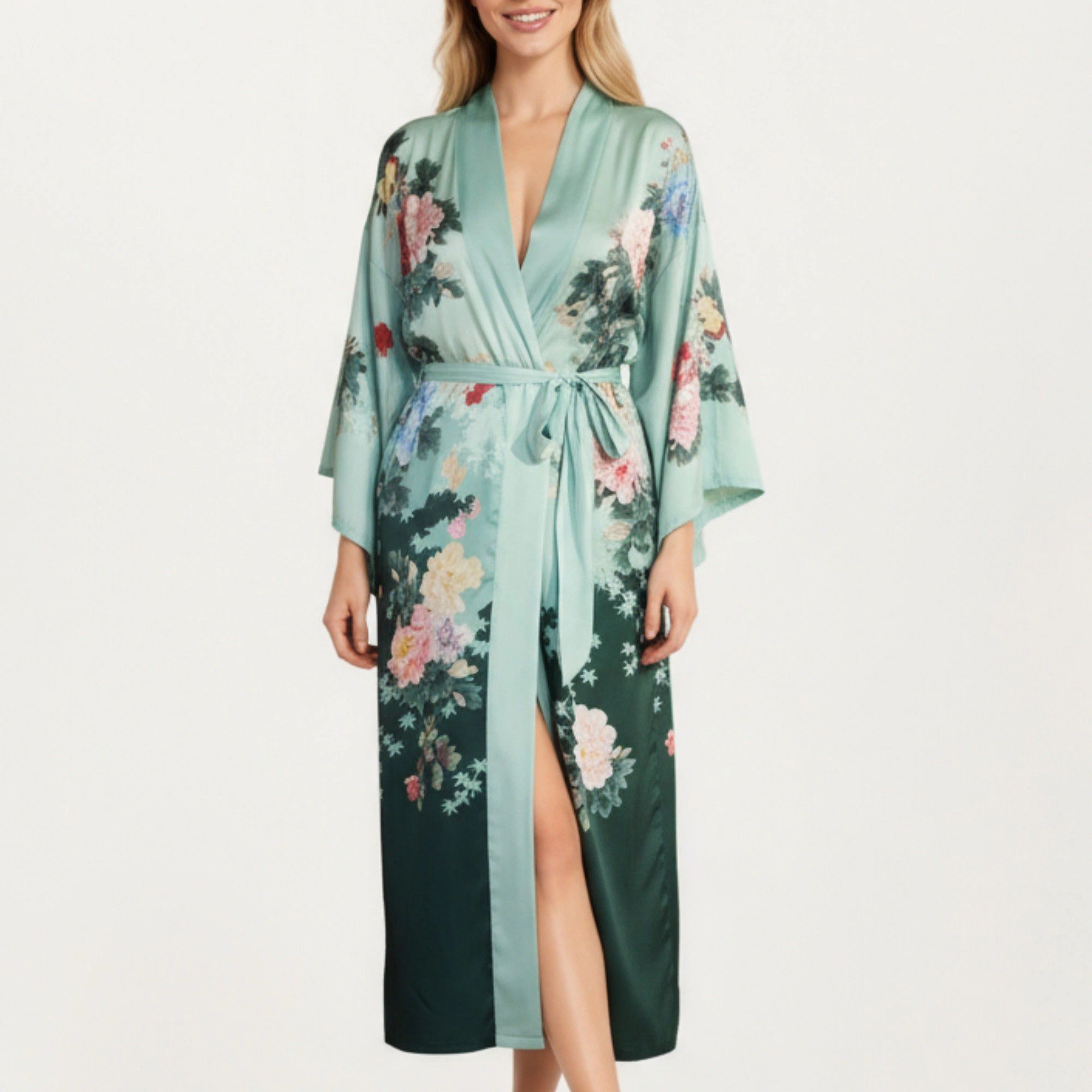 Anna-Kaci Women's Long Satin Floral Print Robe with Waist Tie and Wide Sleeves