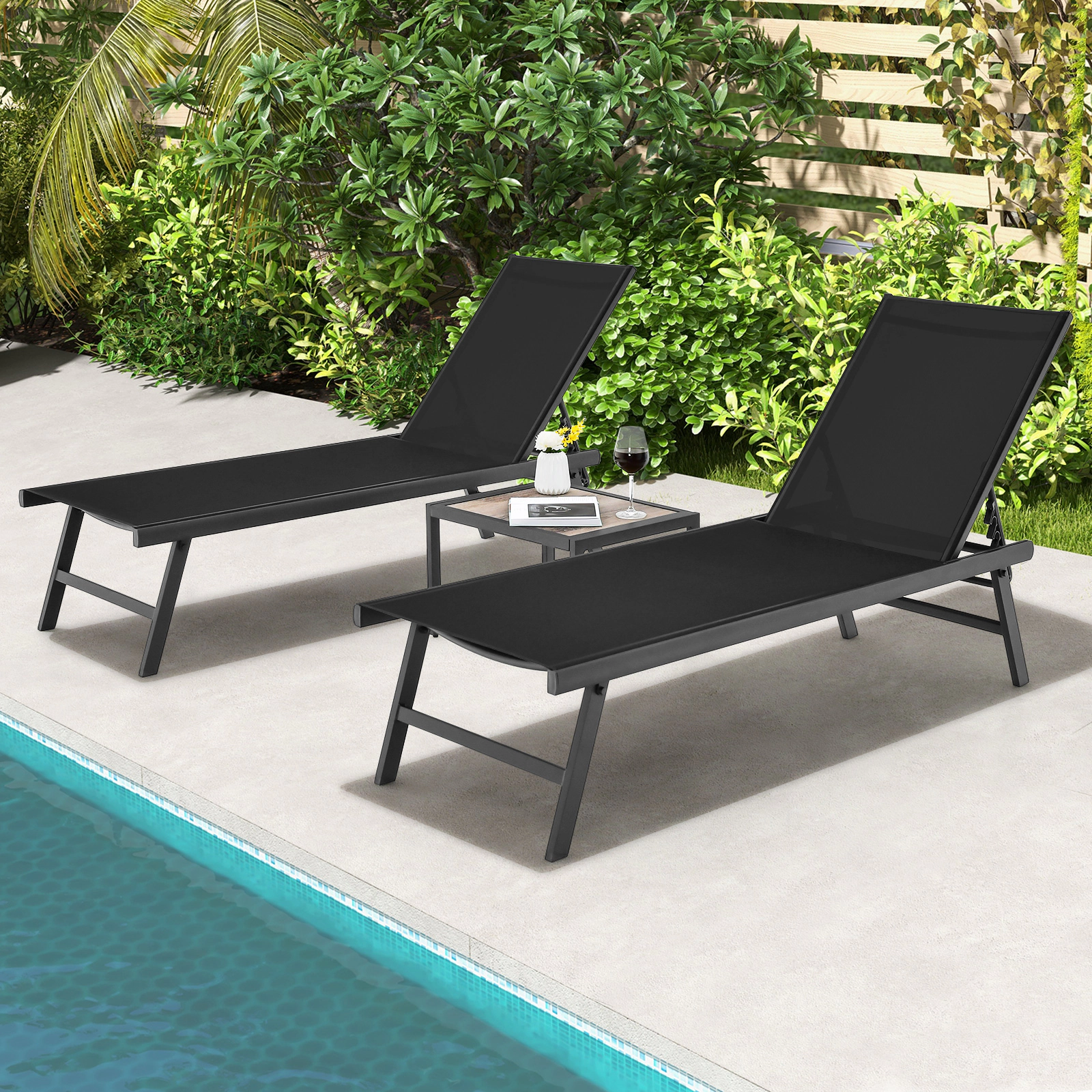 SUGIFT Adjustable Patio Chaise Lounge and Coffee Table Set 330-lb Chair Capacity 66-lb Table Capacity Brown/Navy
