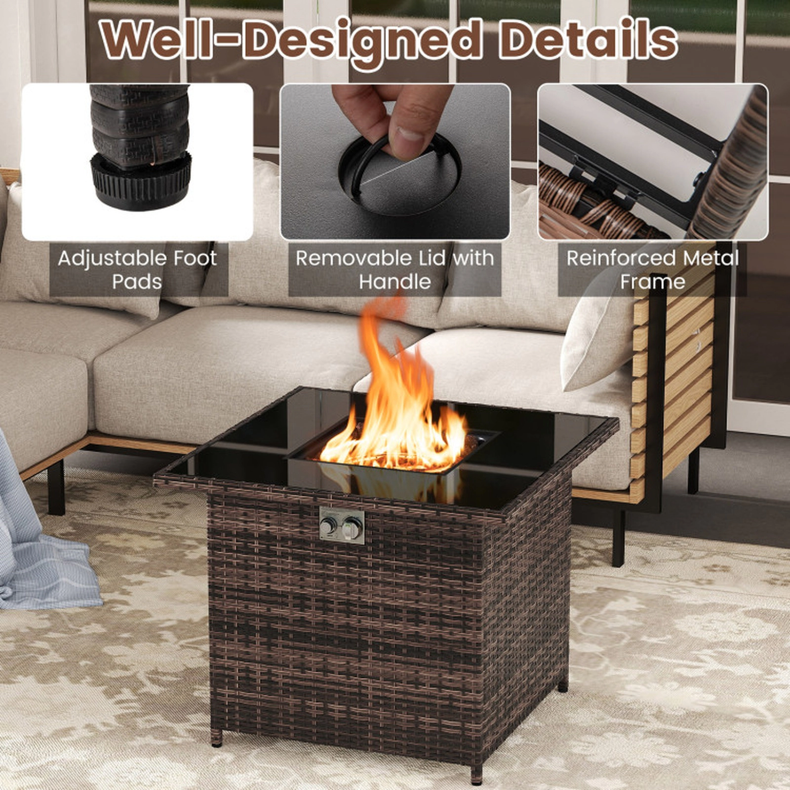 SUGIFT 32.5-Inch Brown PE Rattan Propane Fire Pit Coffee Table, 50,000 BTU