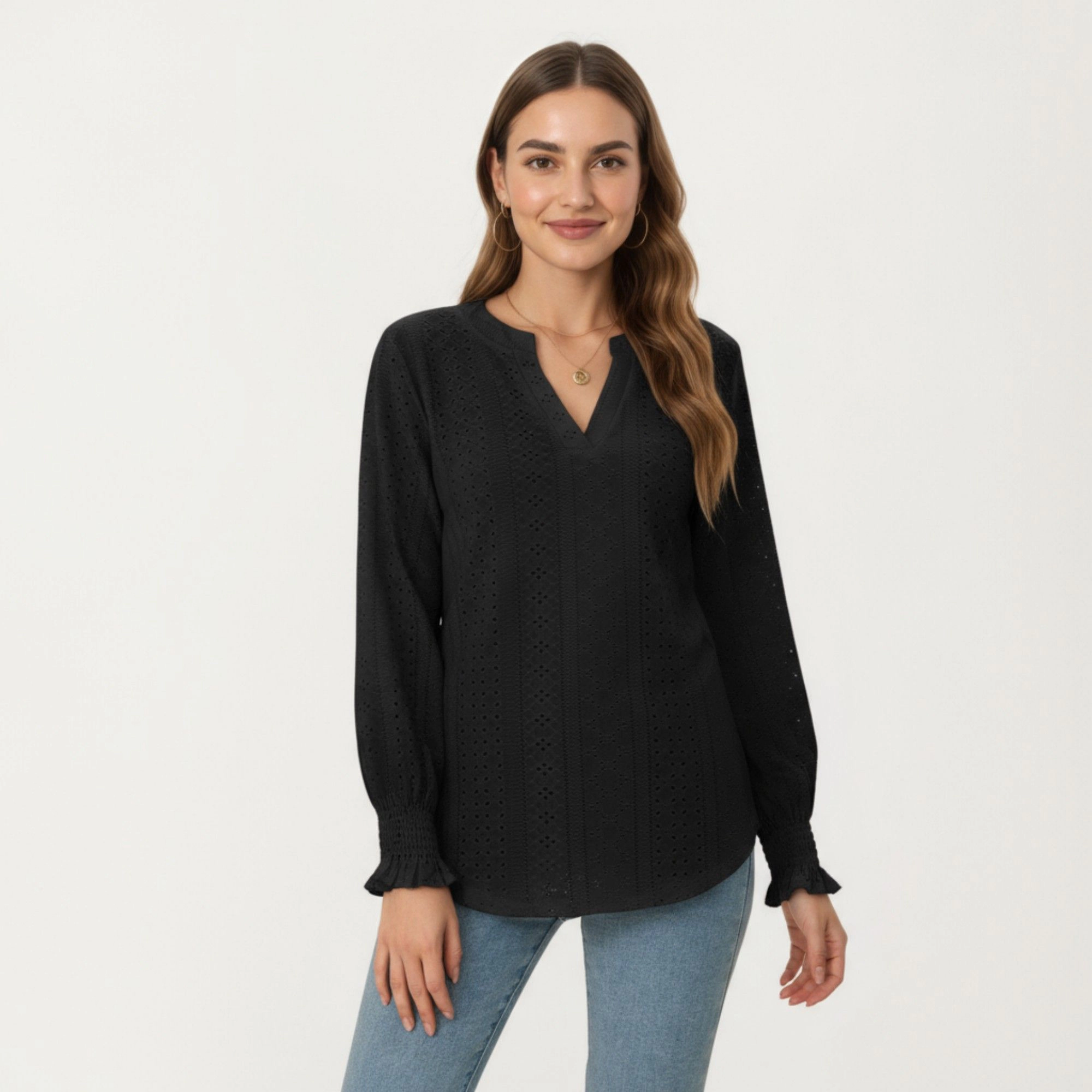 Anna-Kaci Women's Eyelet Embroidered V-Neck Ruffle Cuff Long Sleeve Top