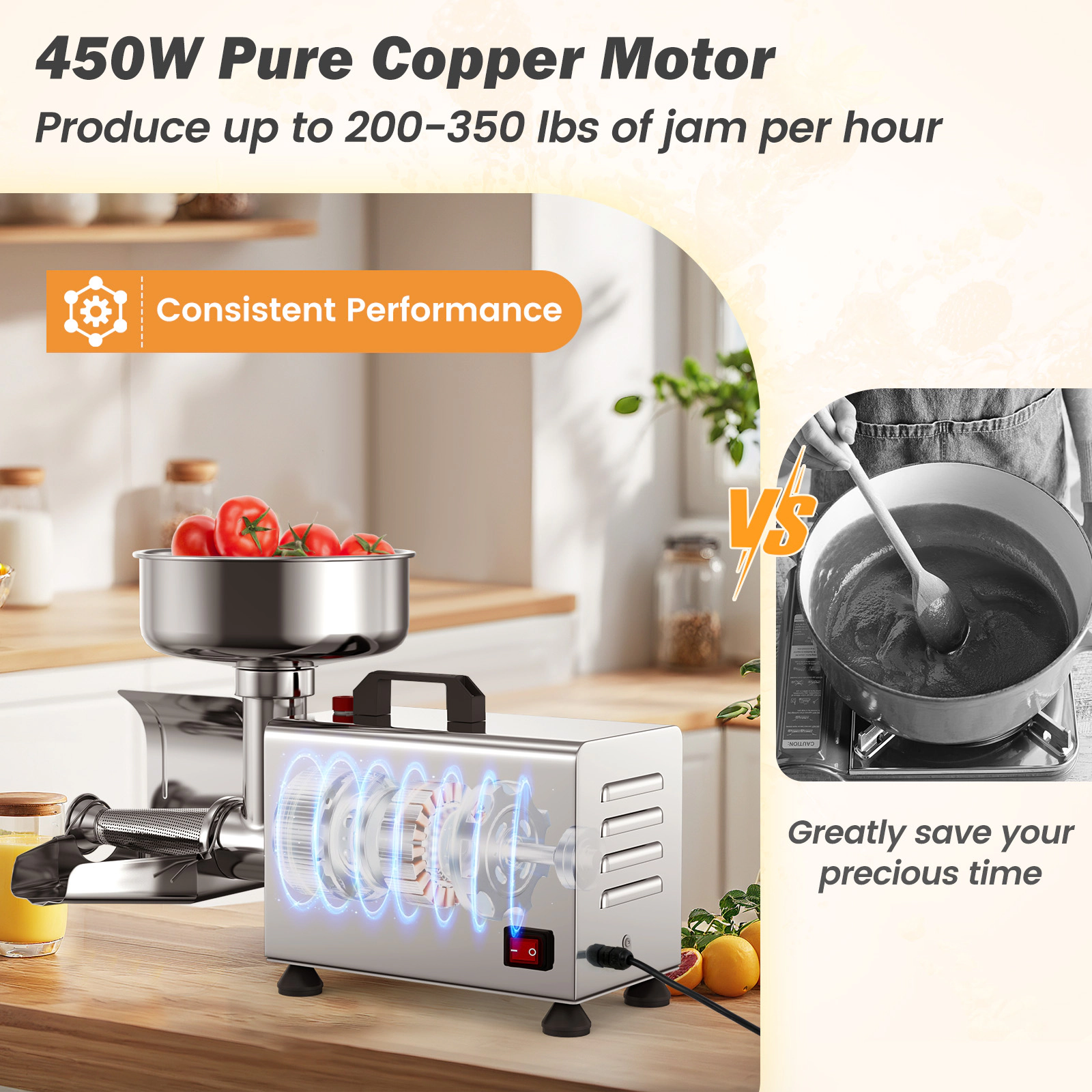 SUGIFT Silver 450W Electric Food Mill Tomato Strainer Stainless Steel Sauce Maker with 8.5-in Feed Chute