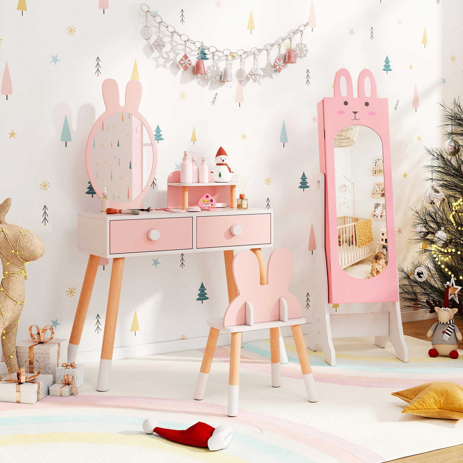 SUGIFT Kids Jewelry Armoire with Full-Length Mirror 2 Tilt Angles 2 Drawers and Rabbit Theme Design