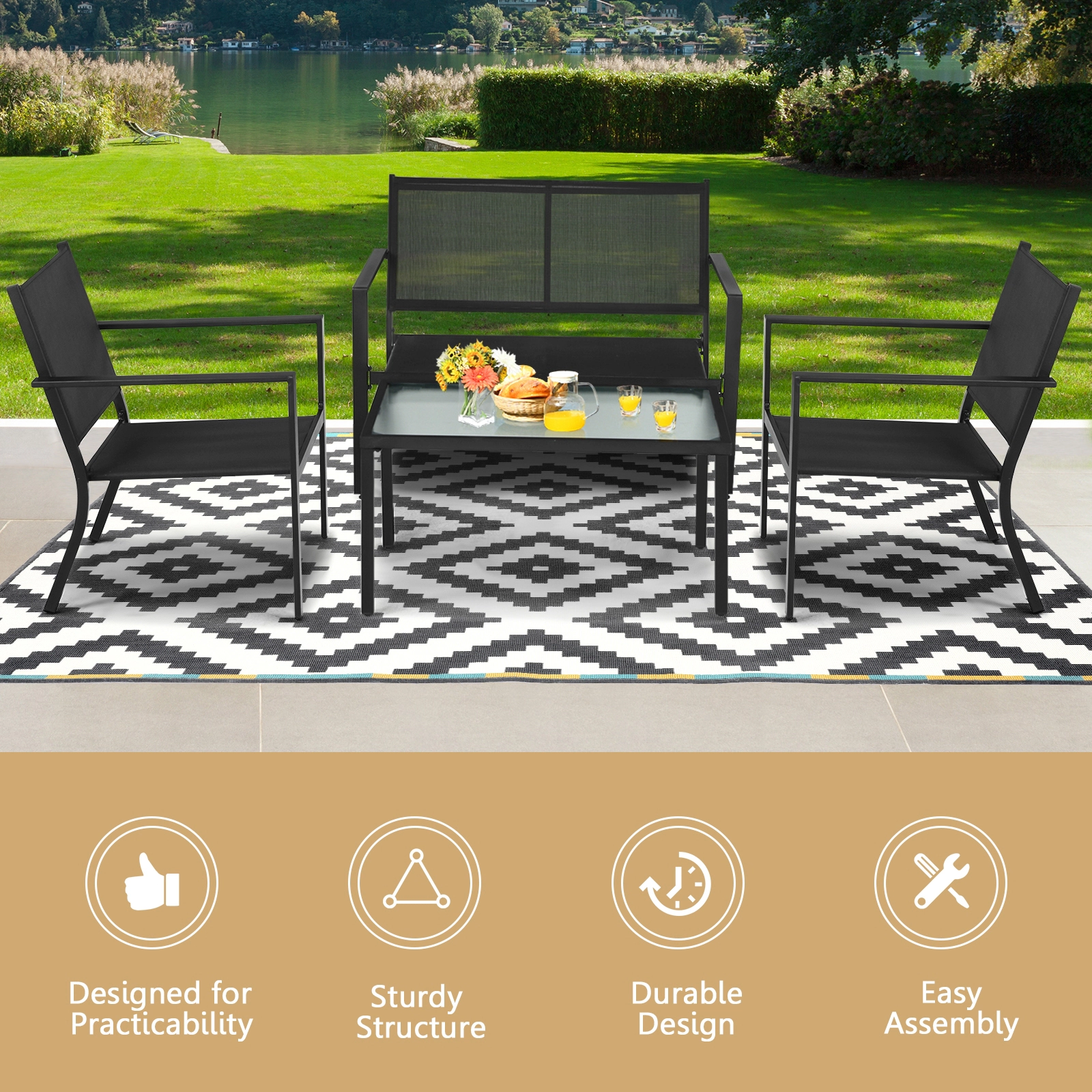 SUGIFT Gray 4-Piece Patio Conversation Set with Loveseat and Tempered Glass Table