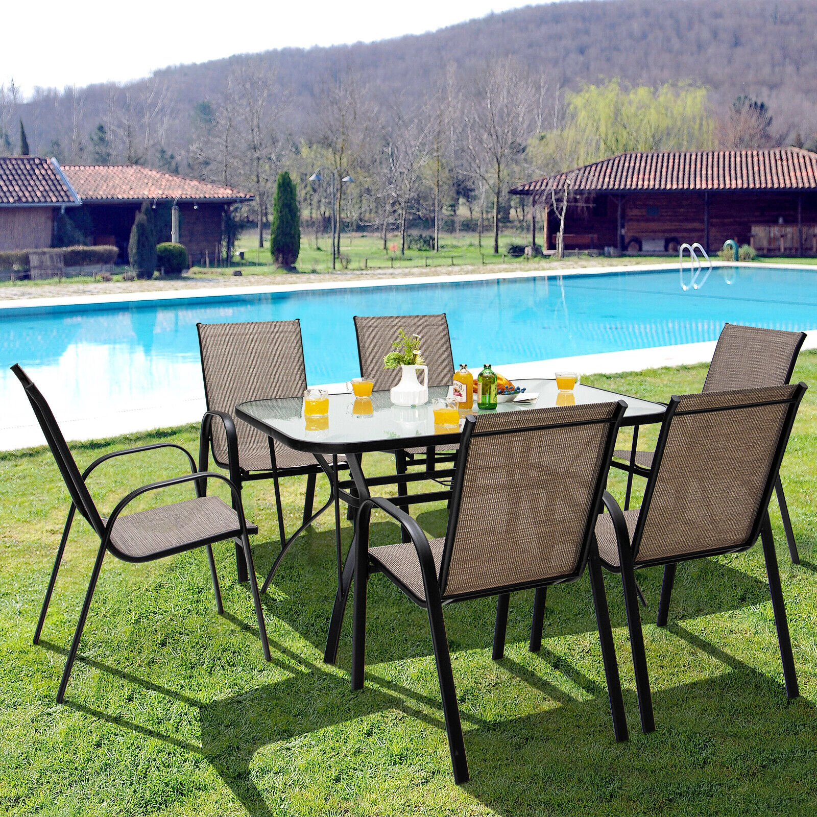LJG 6 Pieces Patio Stackable Dining Chairs with Curved Armrests and Breathable Fabric