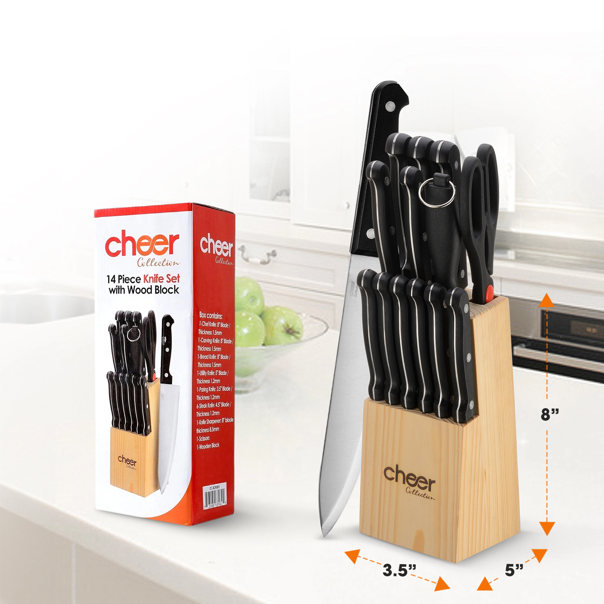 Cheer Collection 14-Piece Stainless Steel Kitchen Knife Set with Wooden Storage Block