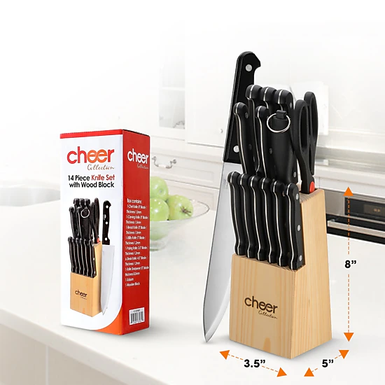 Cheer Collection 14-Piece Stainless Steel Kitchen Knife Set with Wooden Storage Block