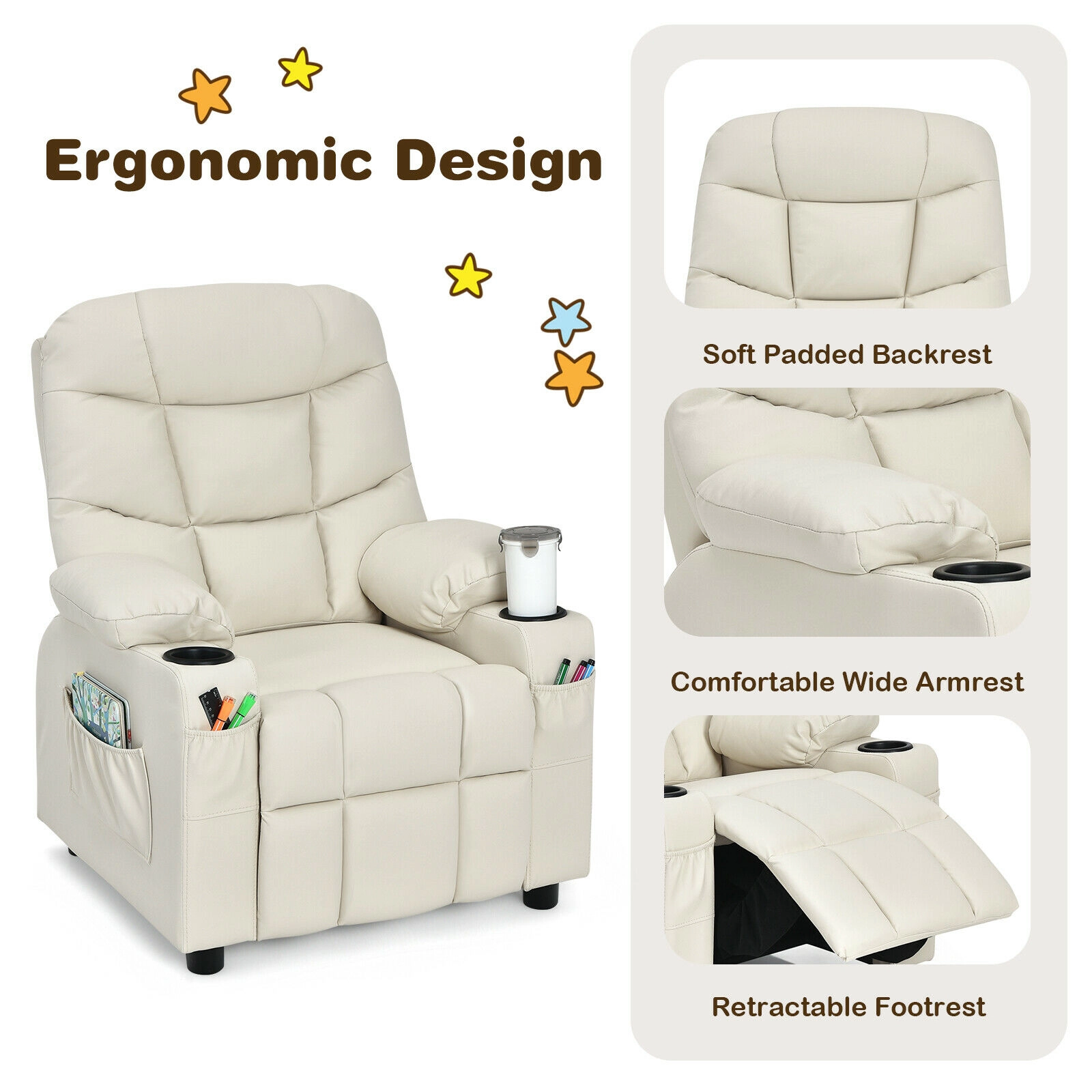 SUGIFT Kids PU Leather Cup Holders Side Pockets Footrest Recliner 26-in x 28-in x 34-in 120-lb Capacity Ages 3+ Beige