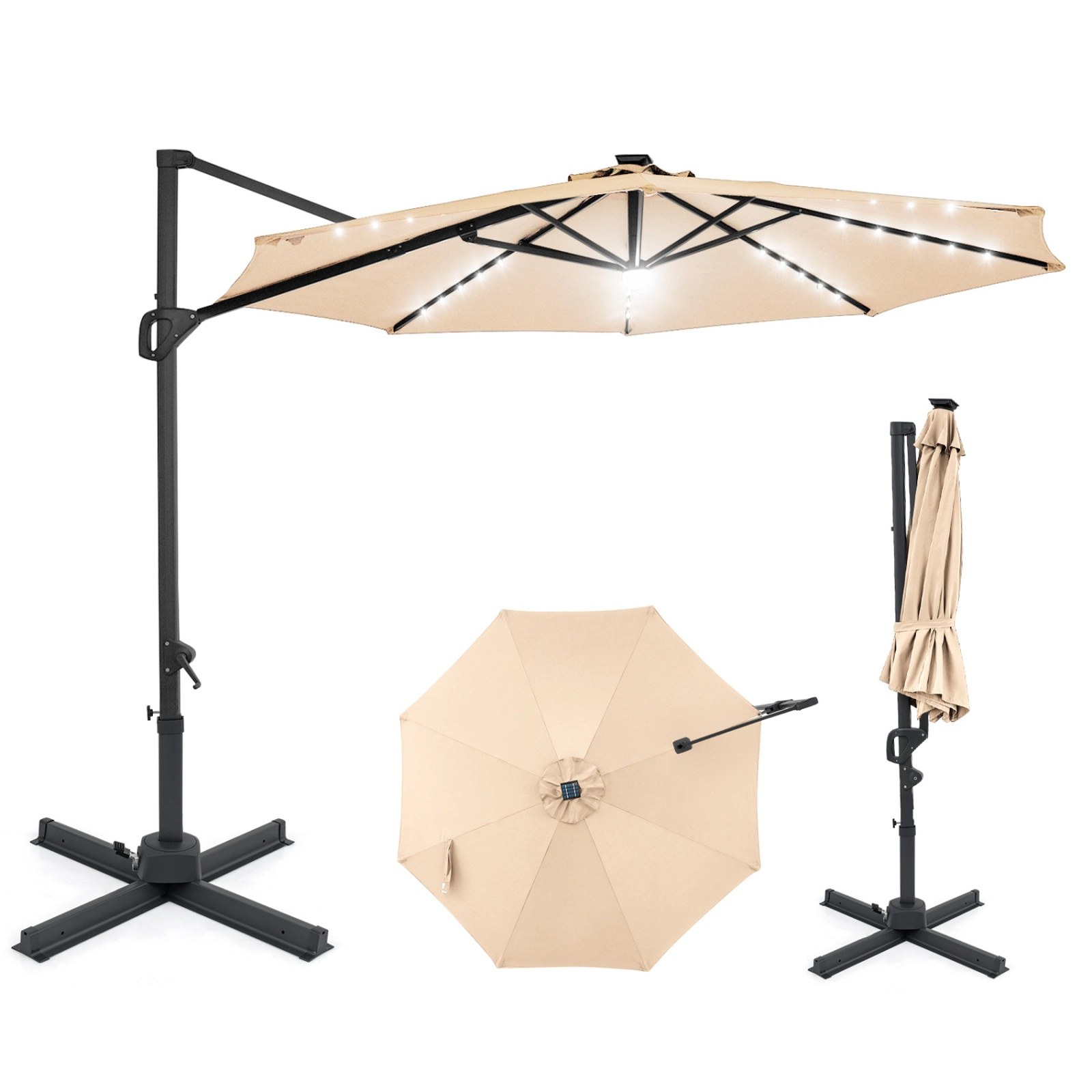 SUGIFT 10-ft Solar LED Cantilever Patio Umbrella with 360° Rotation and 6-Level Tilt 40 x 40-in Cross Base Beige