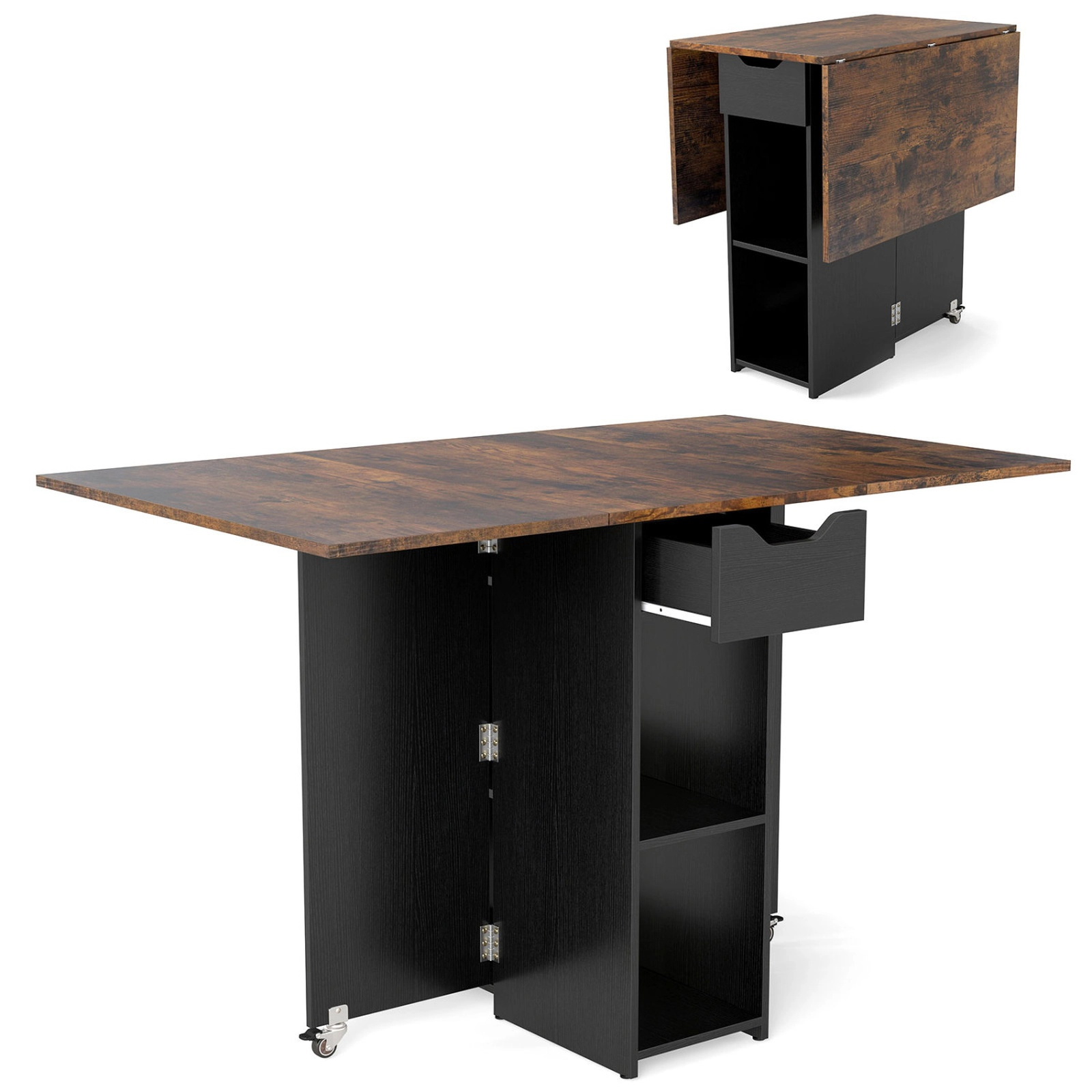 SUGIFT 47.5-Inch Rustic Brown Extendable Dining Table and Rolling Console with Drawer
