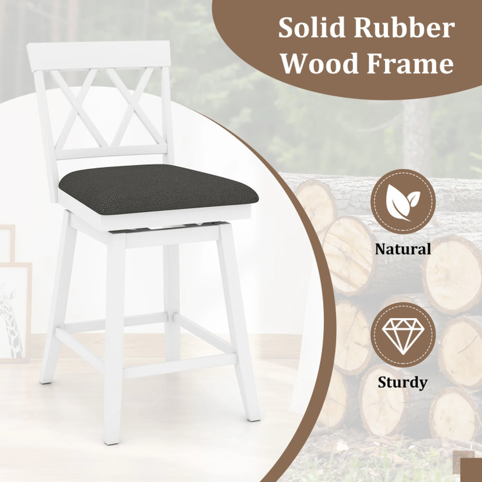 SUGIFT X-Back and Padded Cushion Set of 4 White 24 in Swivel Counter Height Bar Stools