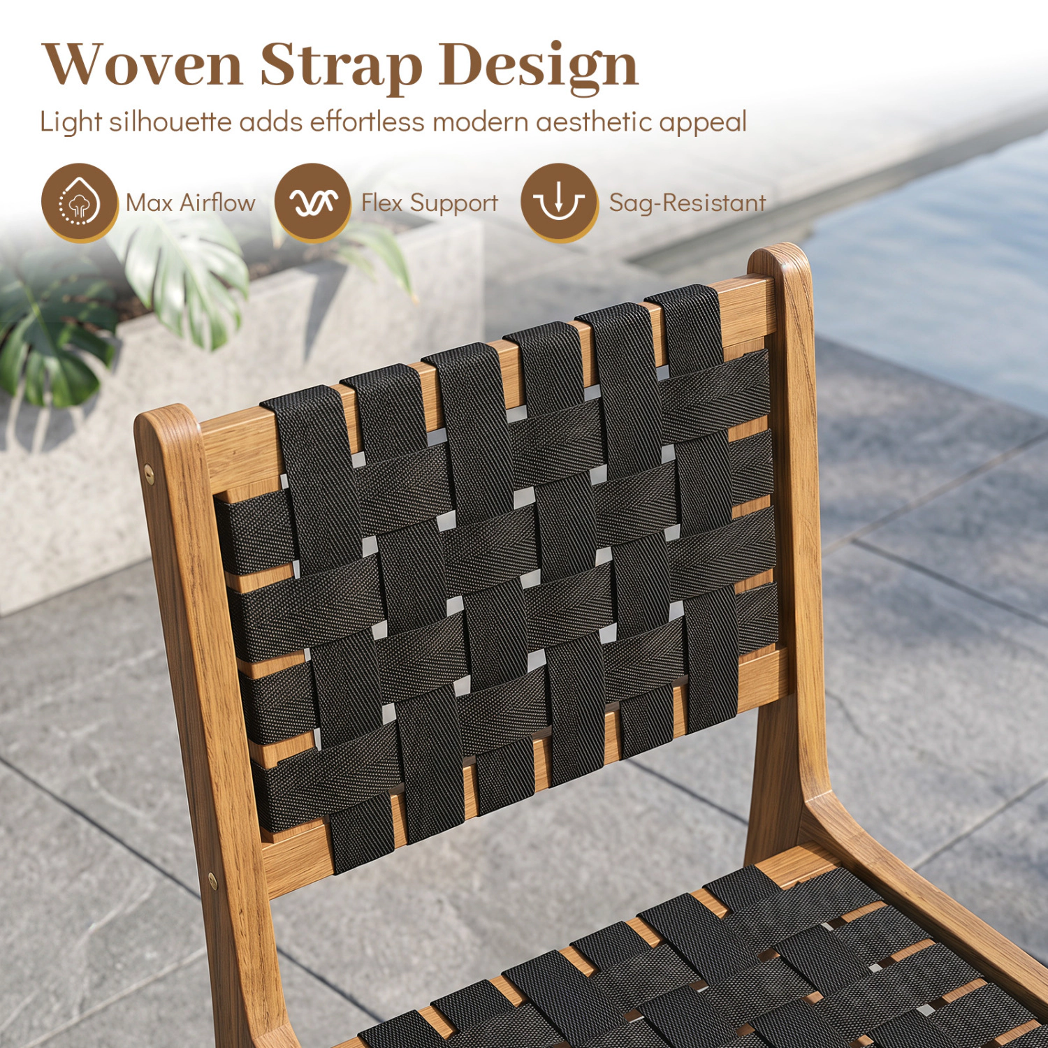 LJG Solid Teak Hand-Woven Strap Outdoor Dining Chair with Flex Support for Deck Garden