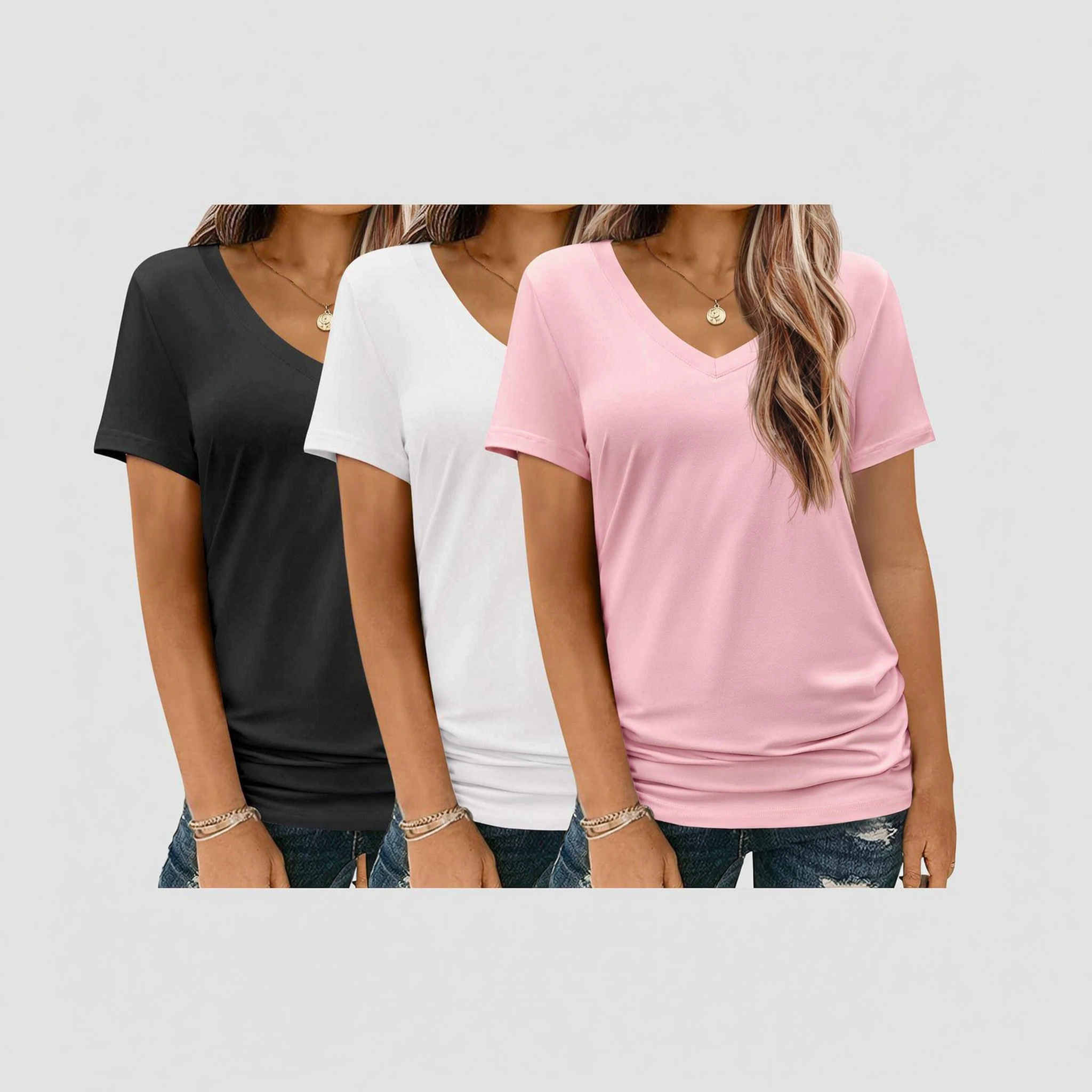 Zeagoo Women's 3-Pack Short Sleeve V-Neck Basic T-Shirts