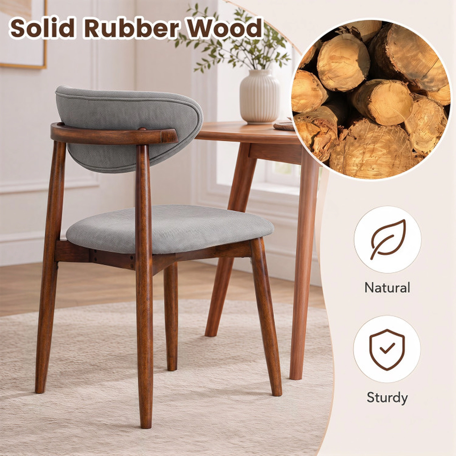 SUGIFT Gray Fabric Upholstered Curved Backs and Wood Legs Set of 4 Dining Chairs