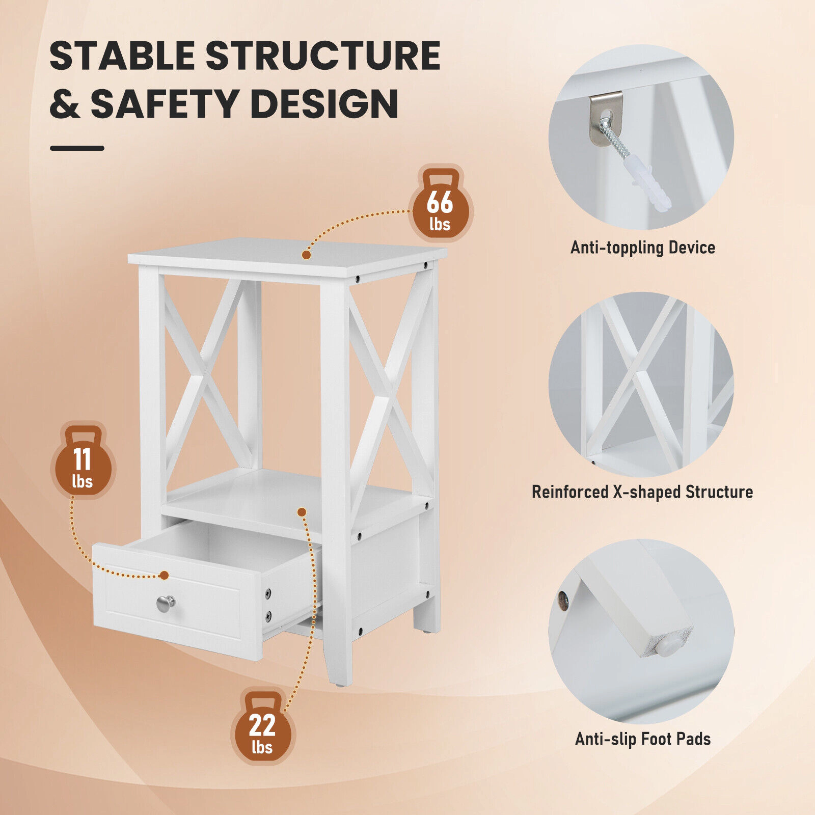Glintex 2-Tier Nightstand with X-Shaped Reinforced Frame and Anti-Toppling Device, White