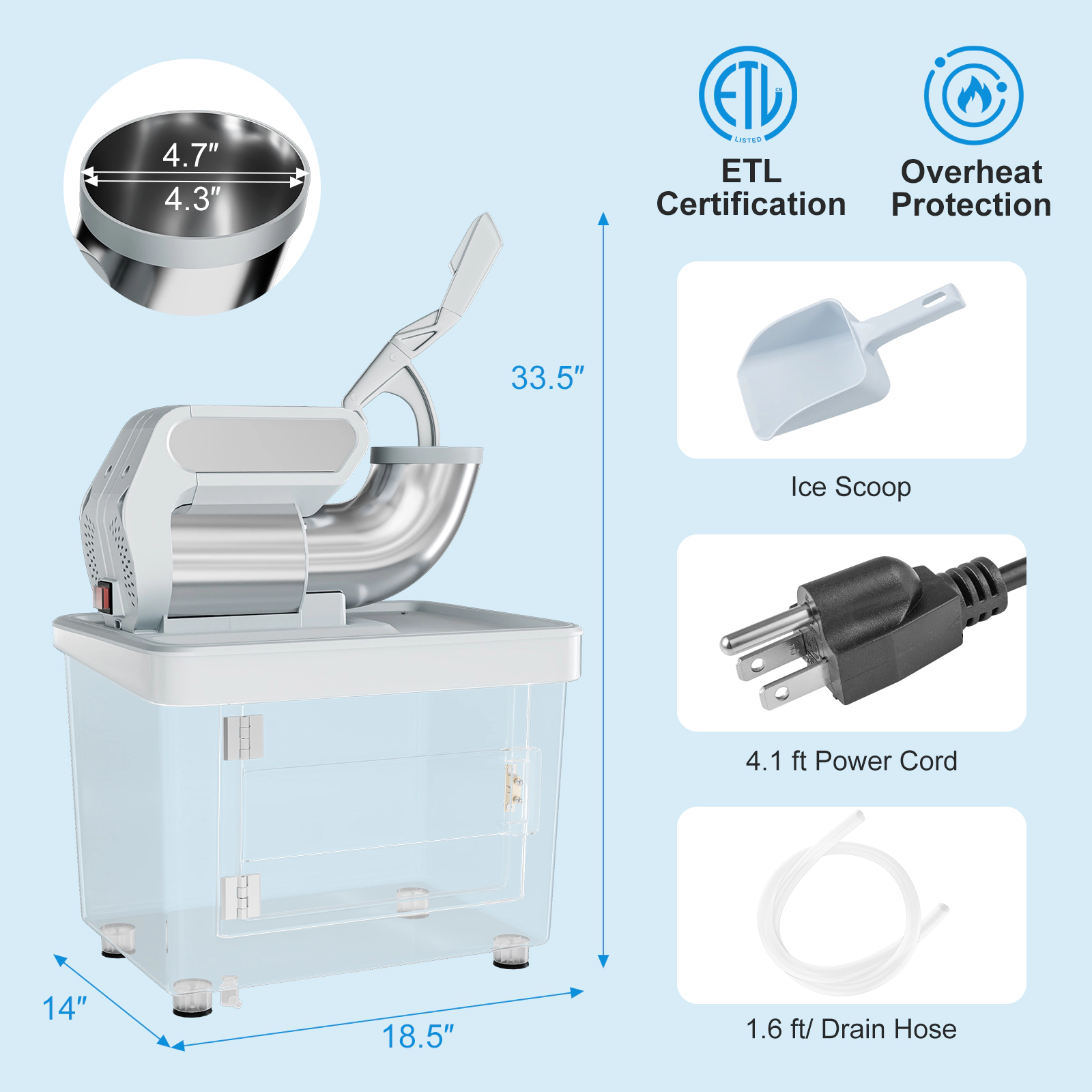 SUGIFT 300W Gray Commercial Ice Crusher and Shaved Ice Machine with Dual Blades and 10-gal Storage