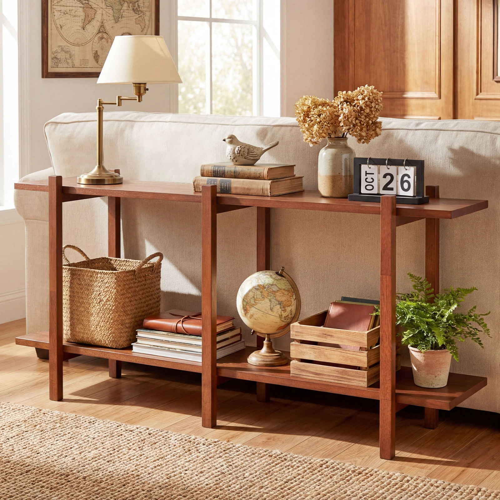 SUGIFT 2-Tier Low Horizontal Rubberwood MDF Bookshelf 48-in Wide Shelves 135-lb Per Shelf Capacity Walnut 1-Piece