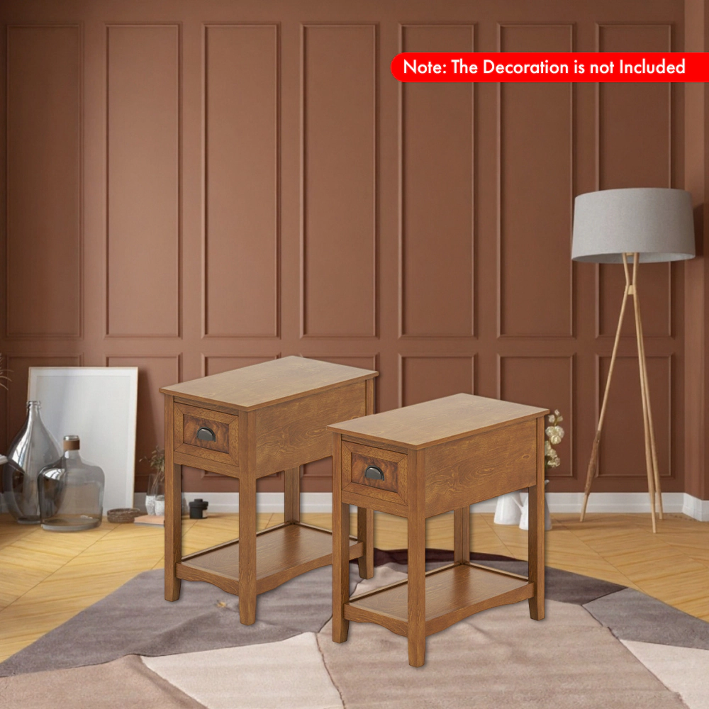 Hivvago Set of 2 Retro Slim End Tables with Drawer and Storage Shelf